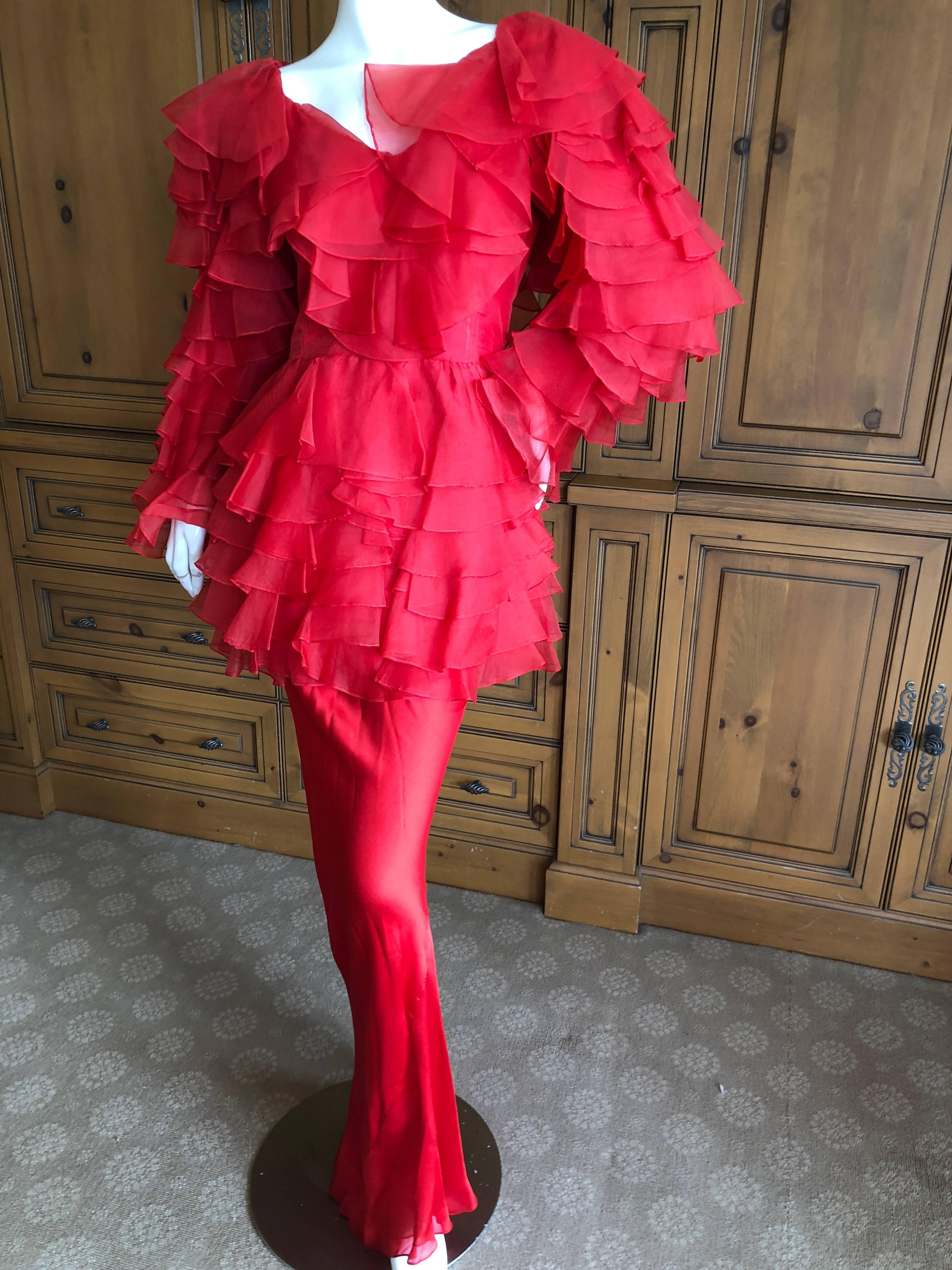 Cardinali 1970s Scarlet Red Ruffled Top and Bias Cut Silk Skirt with Fascinator For Sale 1