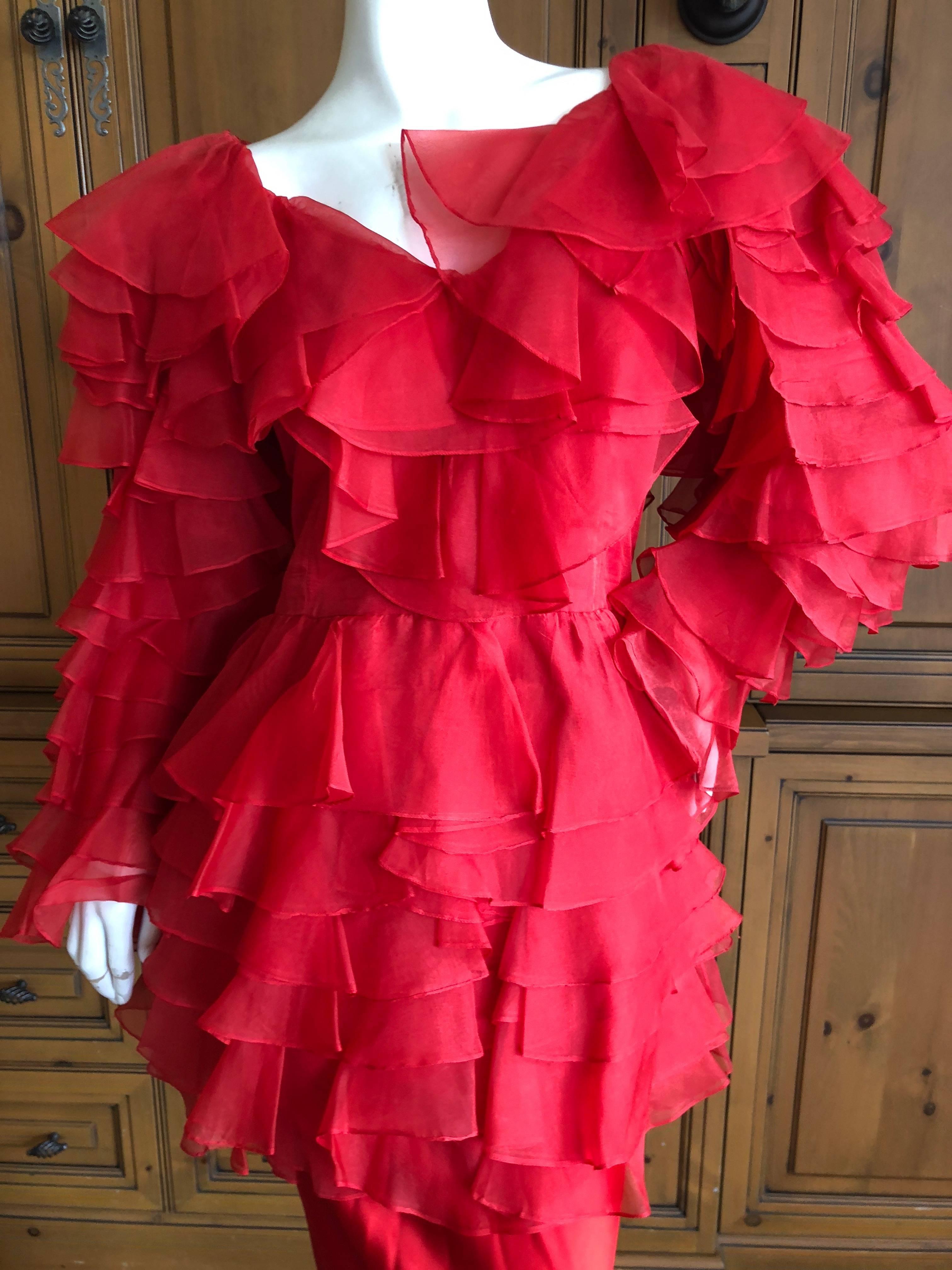Cardinali 1970s Scarlet Red Ruffled Top and Bias Cut Silk Skirt with Fascinator For Sale 2