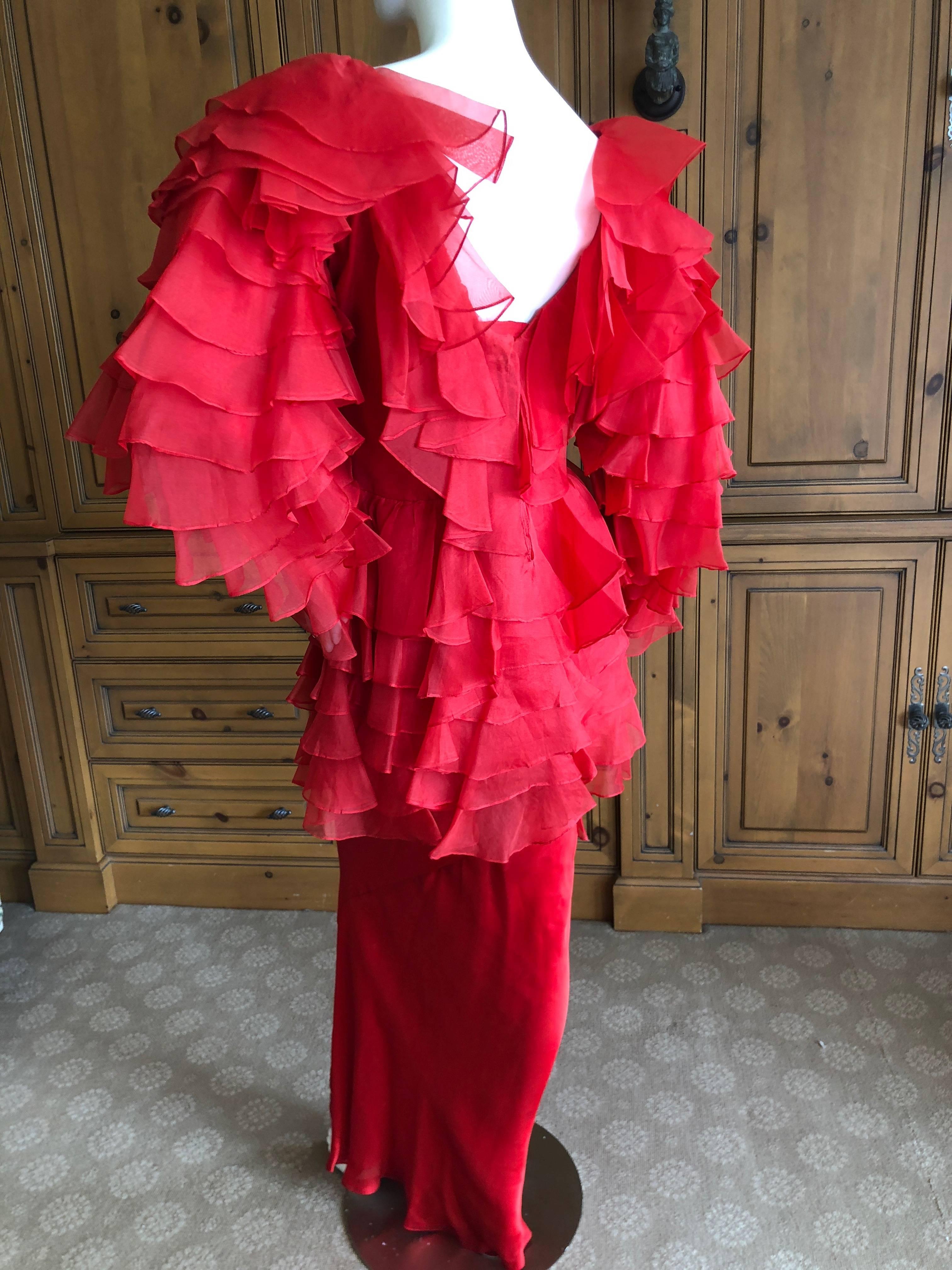 Cardinali 1970s Scarlet Red Ruffled Top and Bias Cut Silk Skirt with Fascinator For Sale 3