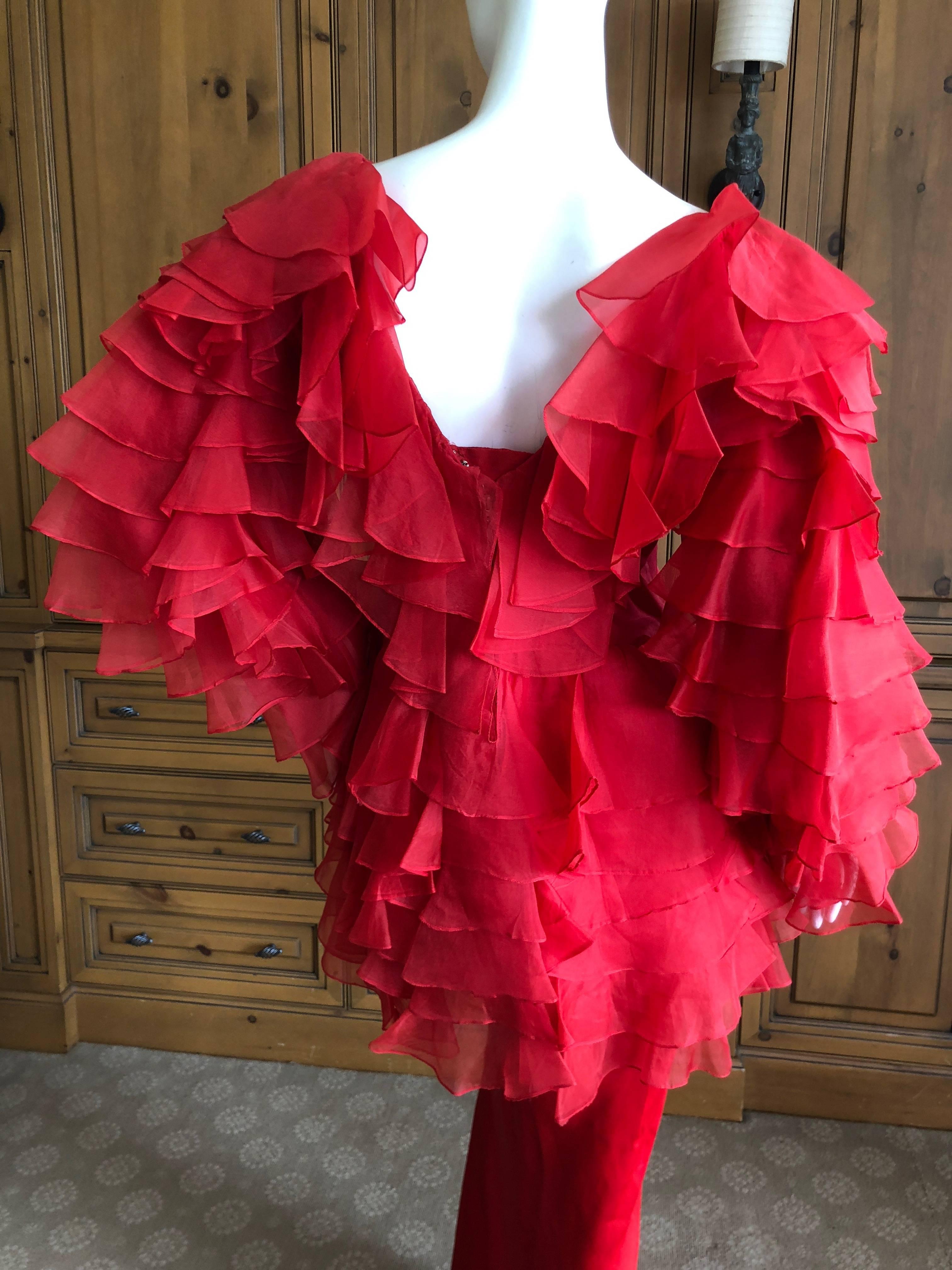 Cardinali 1970s Scarlet Red Ruffled Top and Bias Cut Silk Skirt with Fascinator For Sale 4