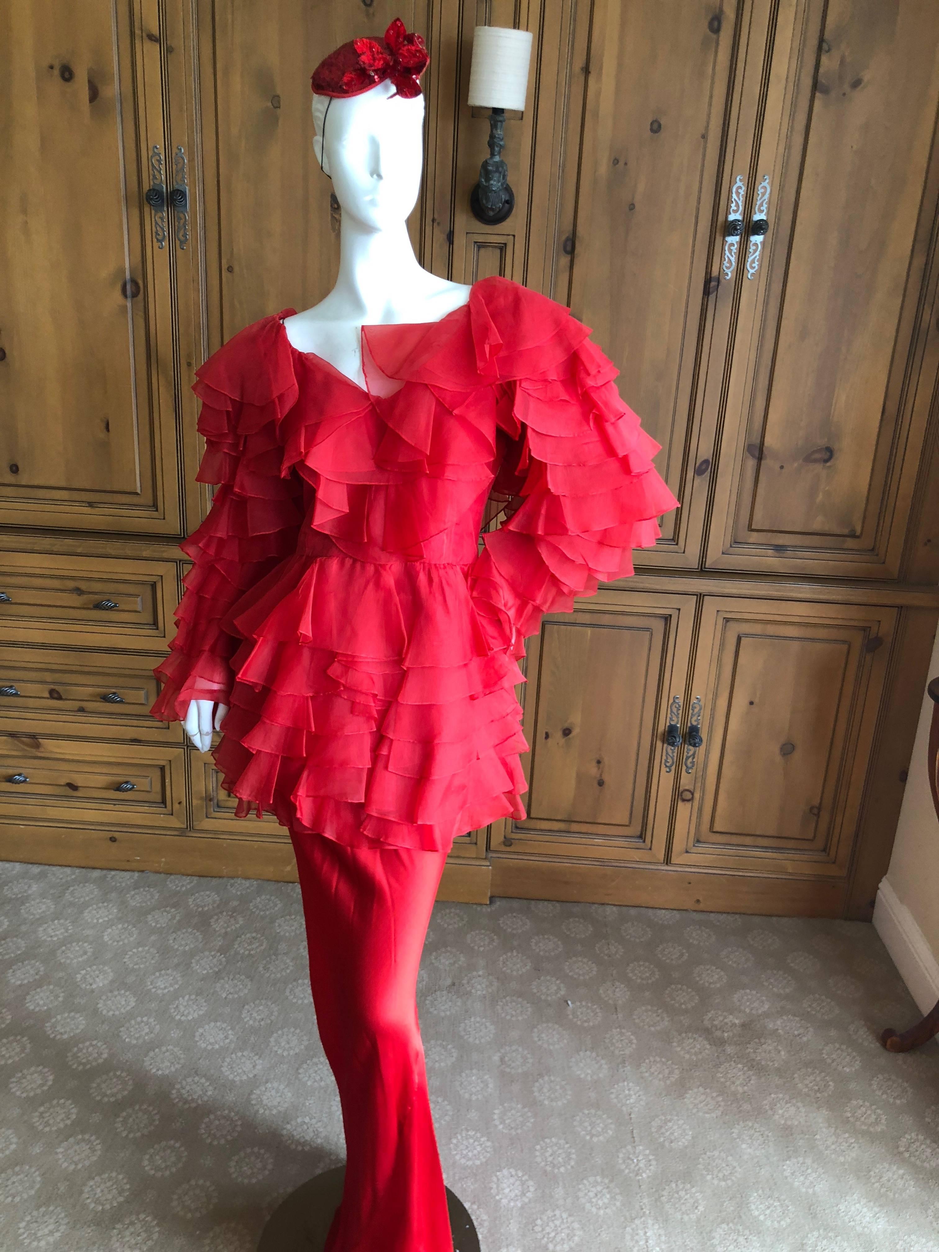 Cardinali 1970s Scarlet Red Ruffled Top and Bias Cut Silk Skirt with Fascinator For Sale 5