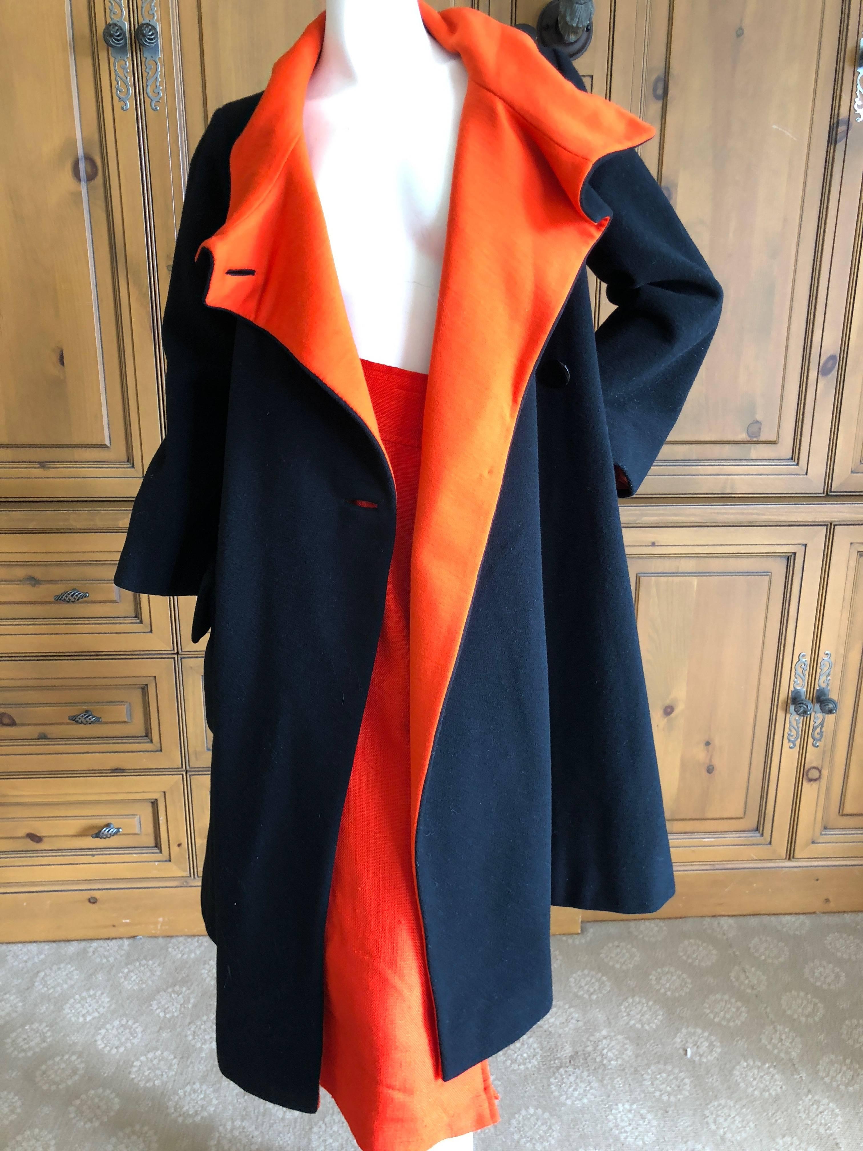 Cardinali 1970 Black Wool Coat with Orange Lining and Matching Skirt In Excellent Condition For Sale In Cloverdale, CA