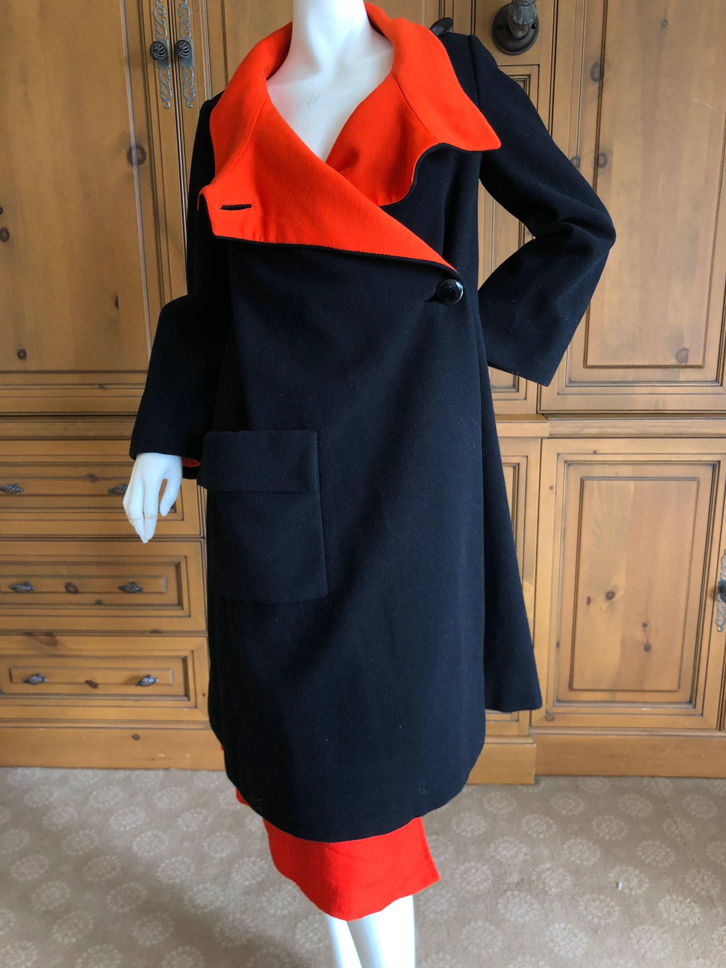Women's Cardinali 1970 Black Wool Coat with Orange Lining and Matching Skirt For Sale