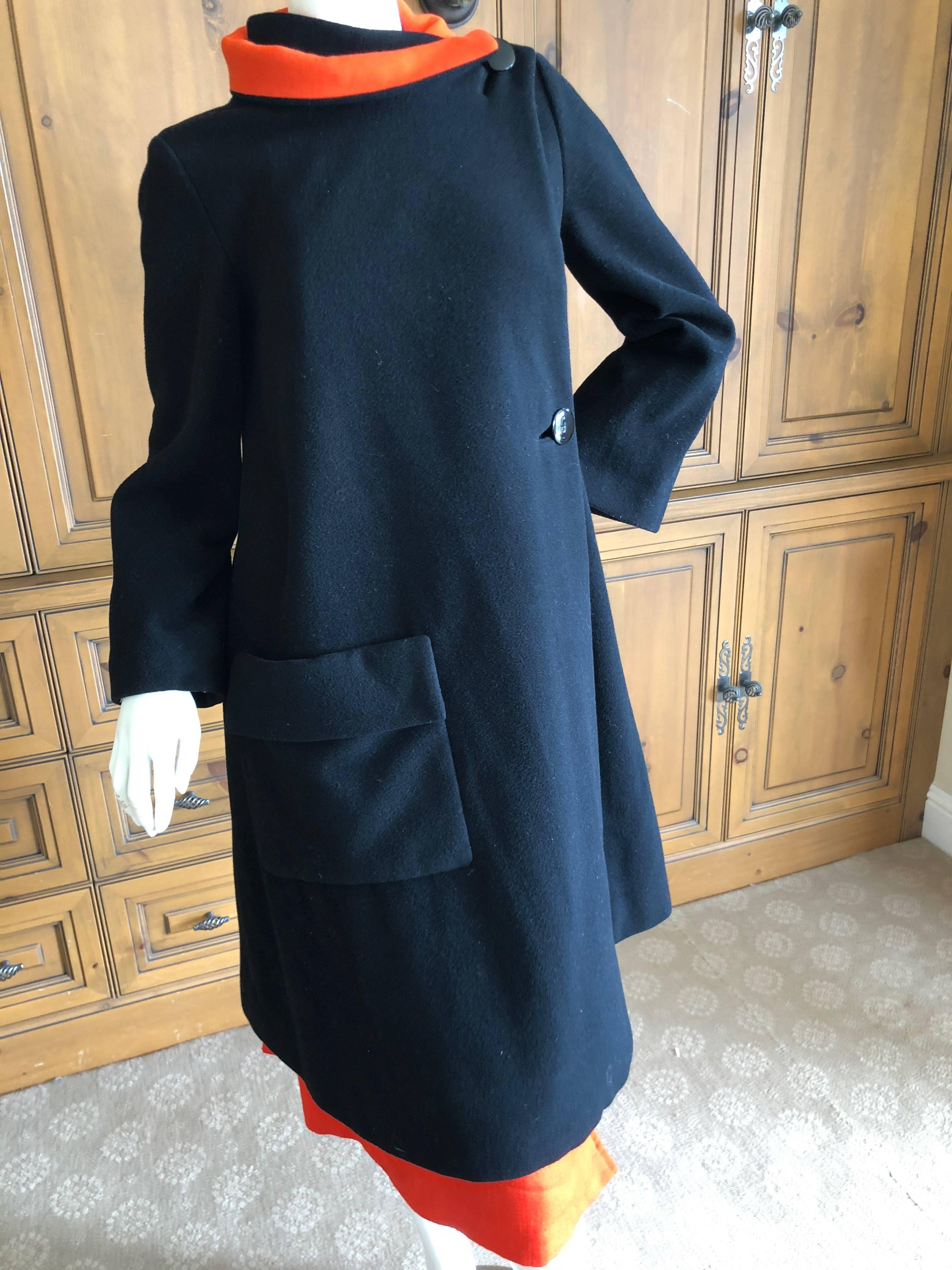 Cardinali 1970 Black Wool Coat with Orange Lining and Matching Skirt For Sale 2