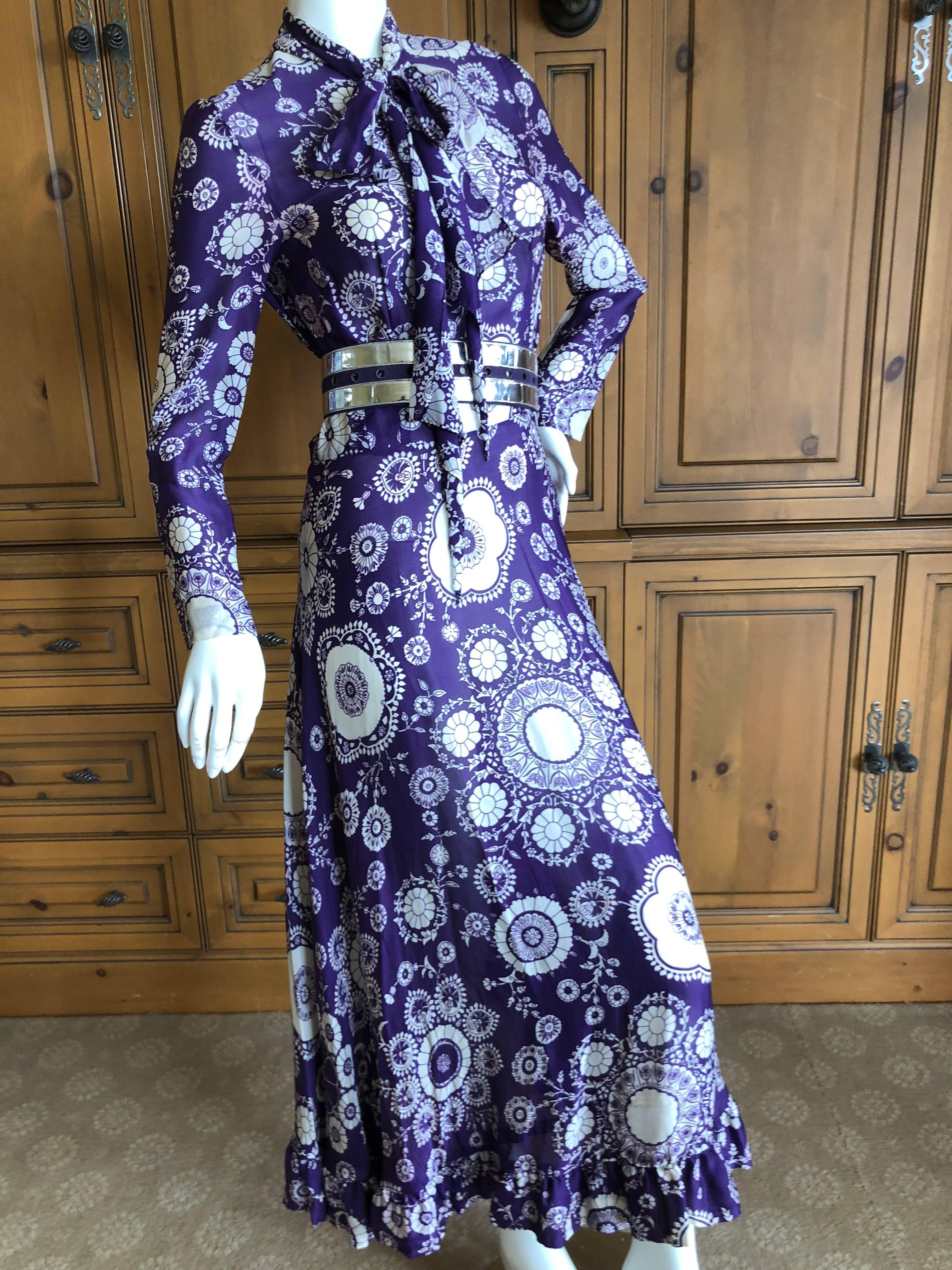 Cardinali 1970 Purple Mod Daisy Print Silk Dress with Silver Patent Leather Belt
There are quite a lot of faint discolorations, see last photos, but still looks great on and can be worn.
From the Archive of Marilyn Lewis, the creator of