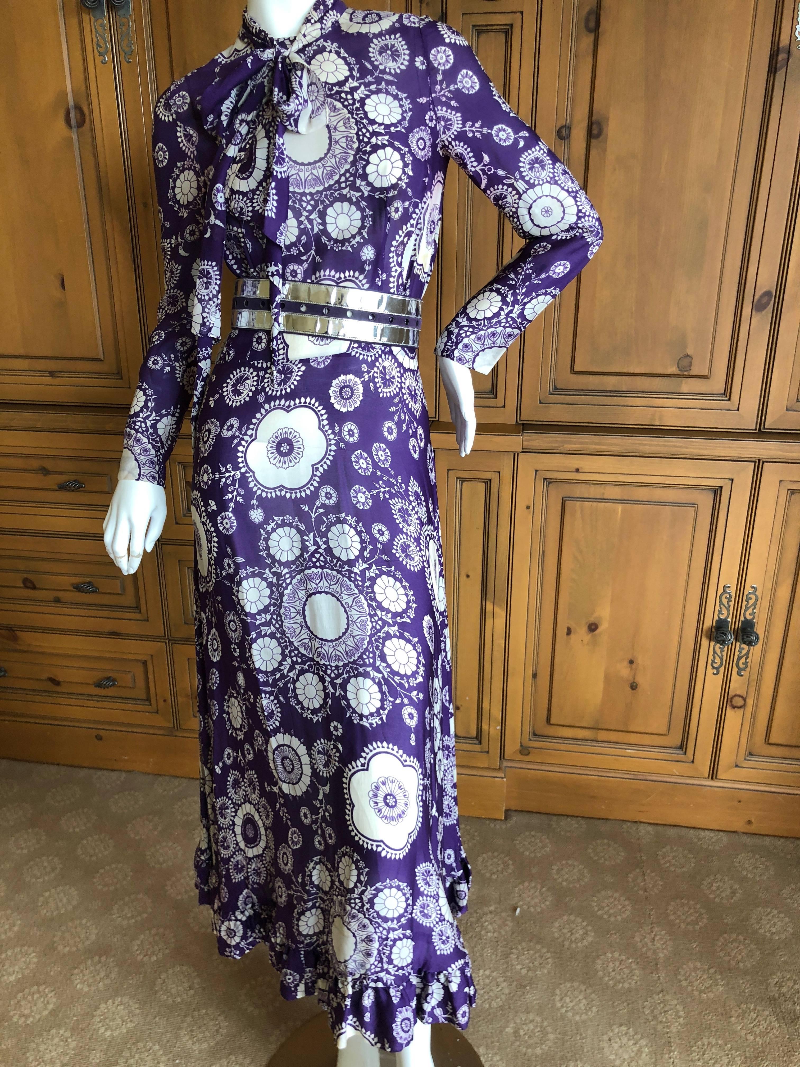 Women's Cardinali Purple Mod Daisy Print Silk Dress and Silver Patent Leather Belt, 1970 For Sale