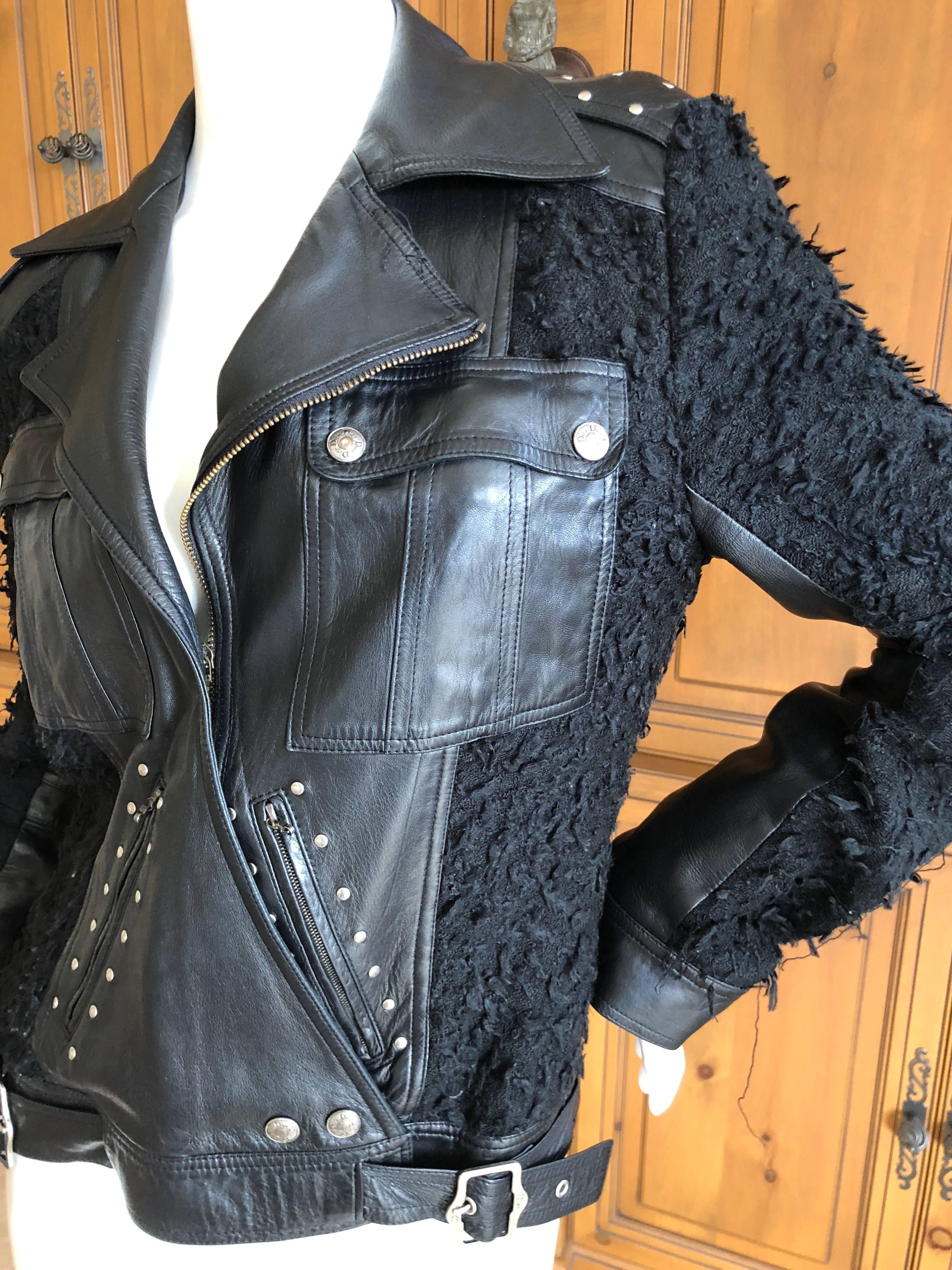 Christian Dior Black Lambskin Leather Accented Moto Jacket by Galliano.
With a nubby, textural body and a leather front , this is the bomb!
Size 40
Bust 38