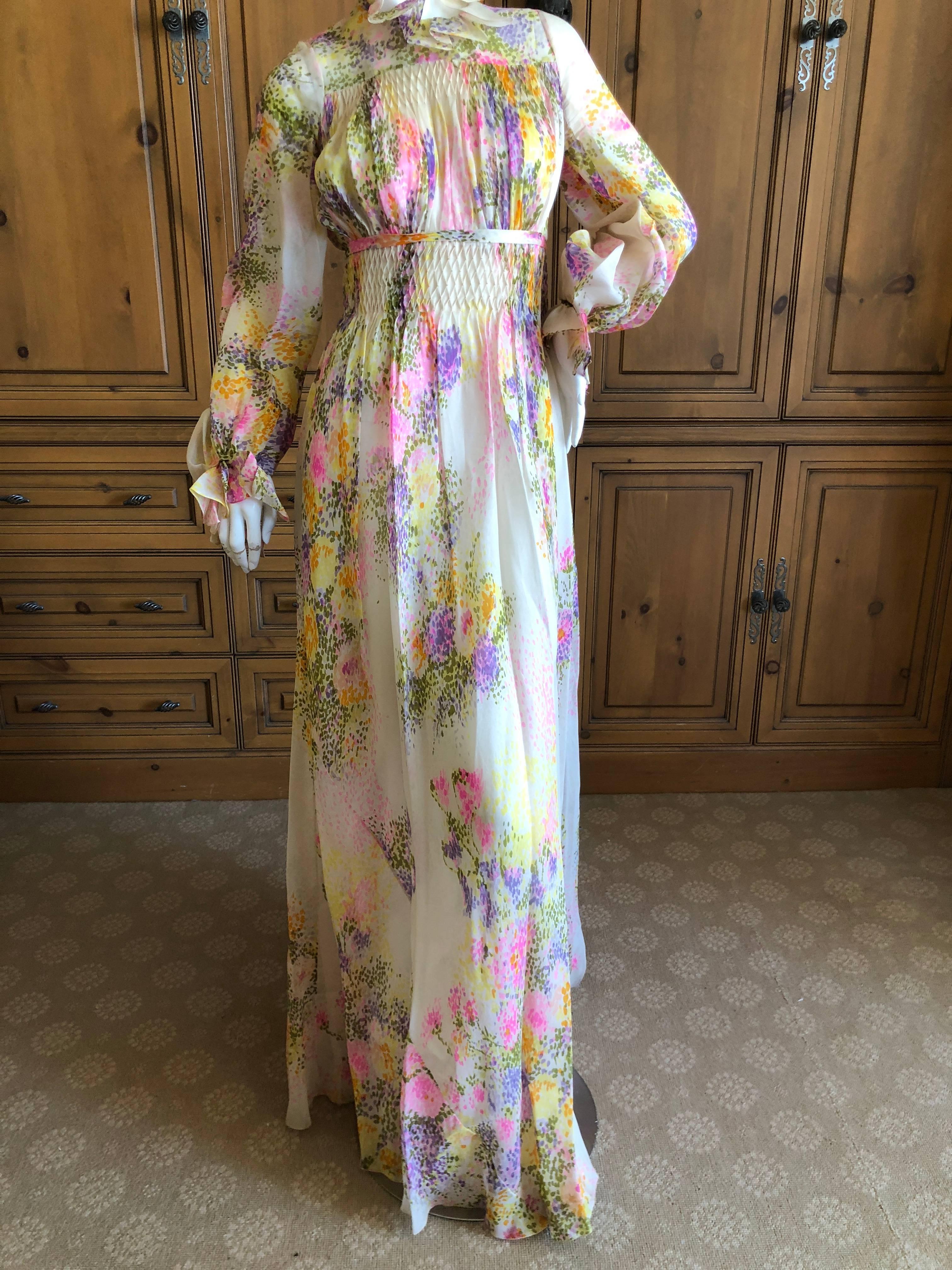 Cardinali Ruffle Silk Chiffon Floral Evening Dress with Pin Tuck Details, 1970s  For Sale 1