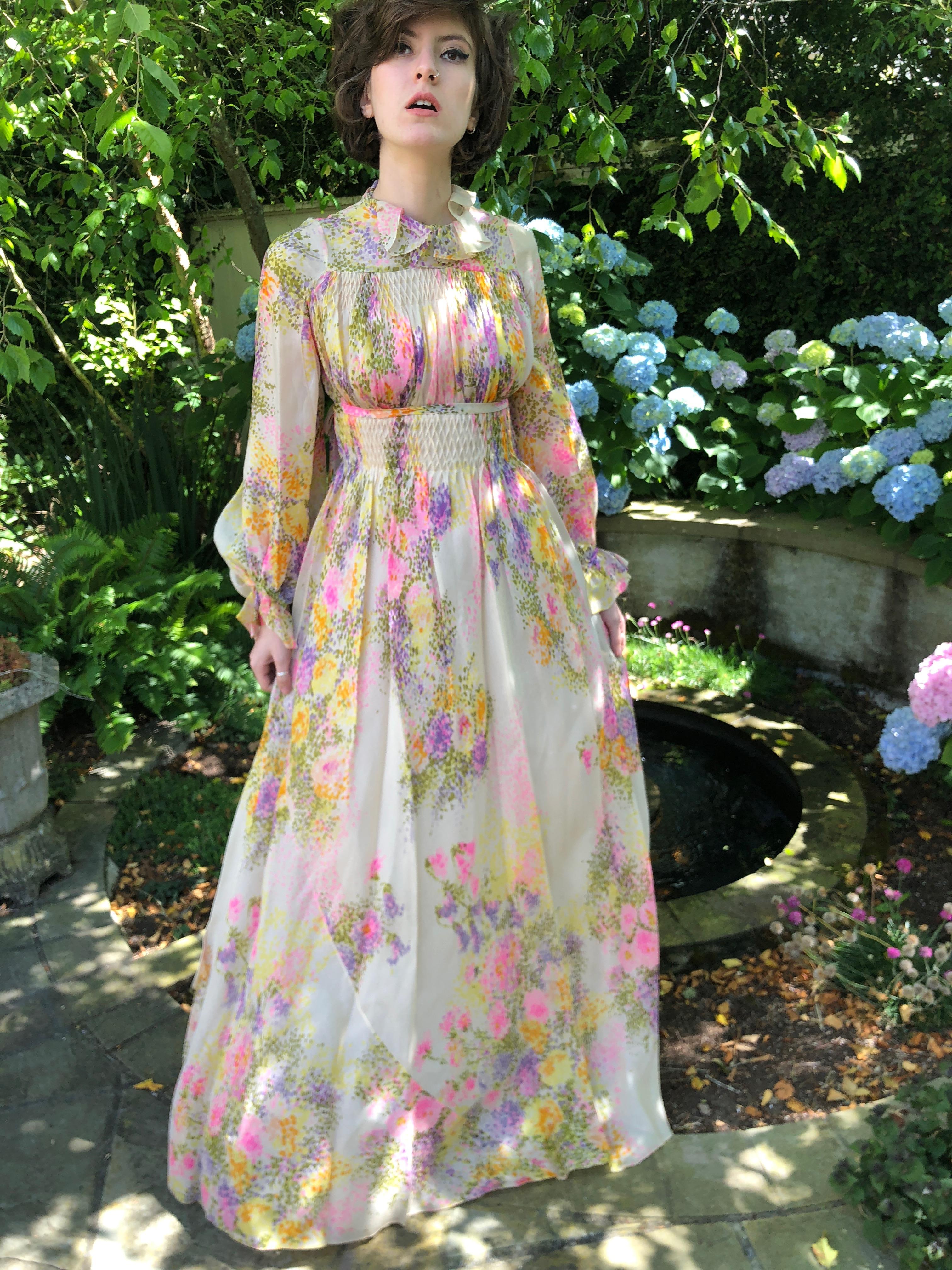 Cardinali Ruffle Silk Chiffon Floral Evening Dress with Pin Tuck Details, 1970s  In Good Condition For Sale In Cloverdale, CA