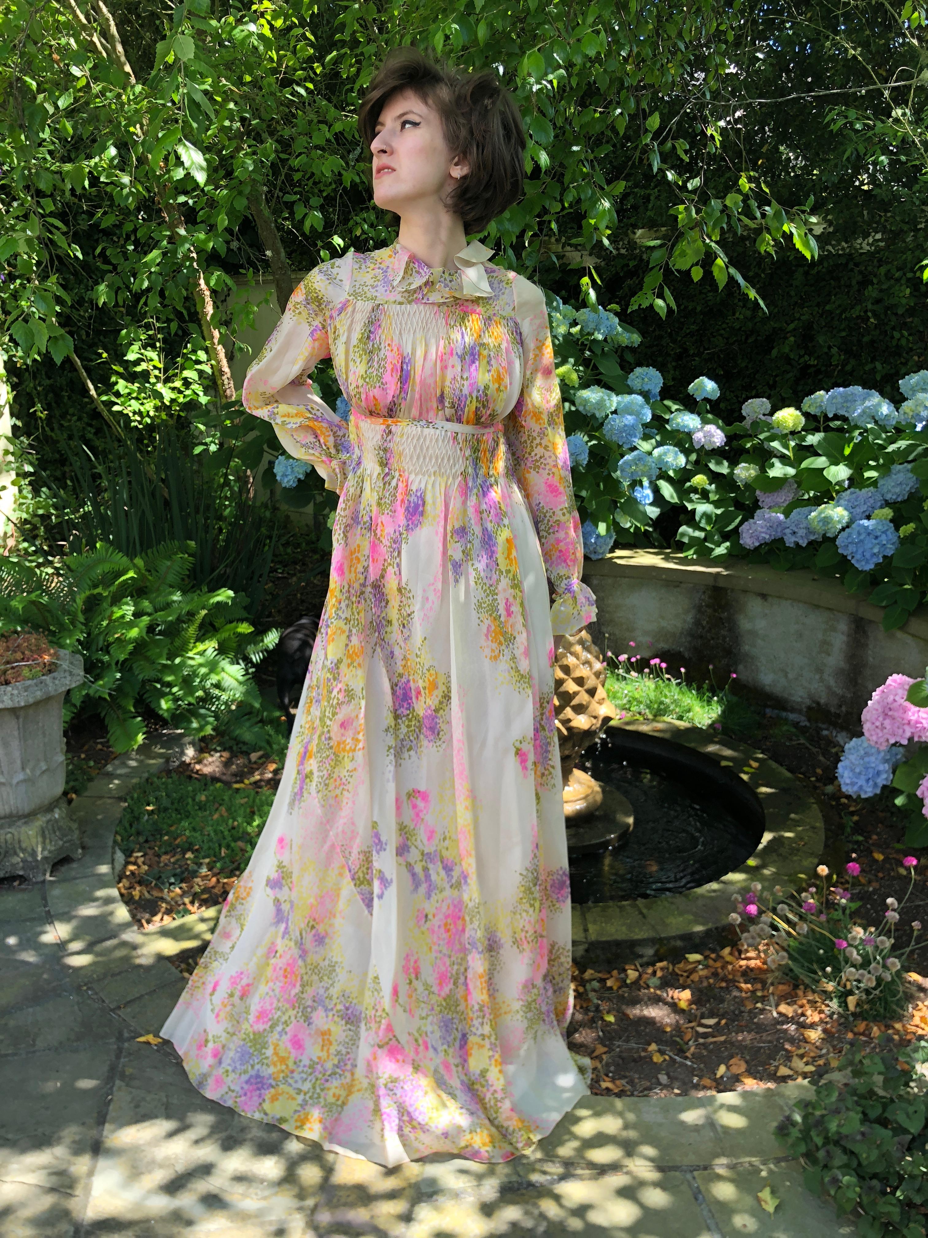 Cardinali Ruffle Silk Chiffon Floral Evening Dress with Pin Tuck Details, 1970s  For Sale 6