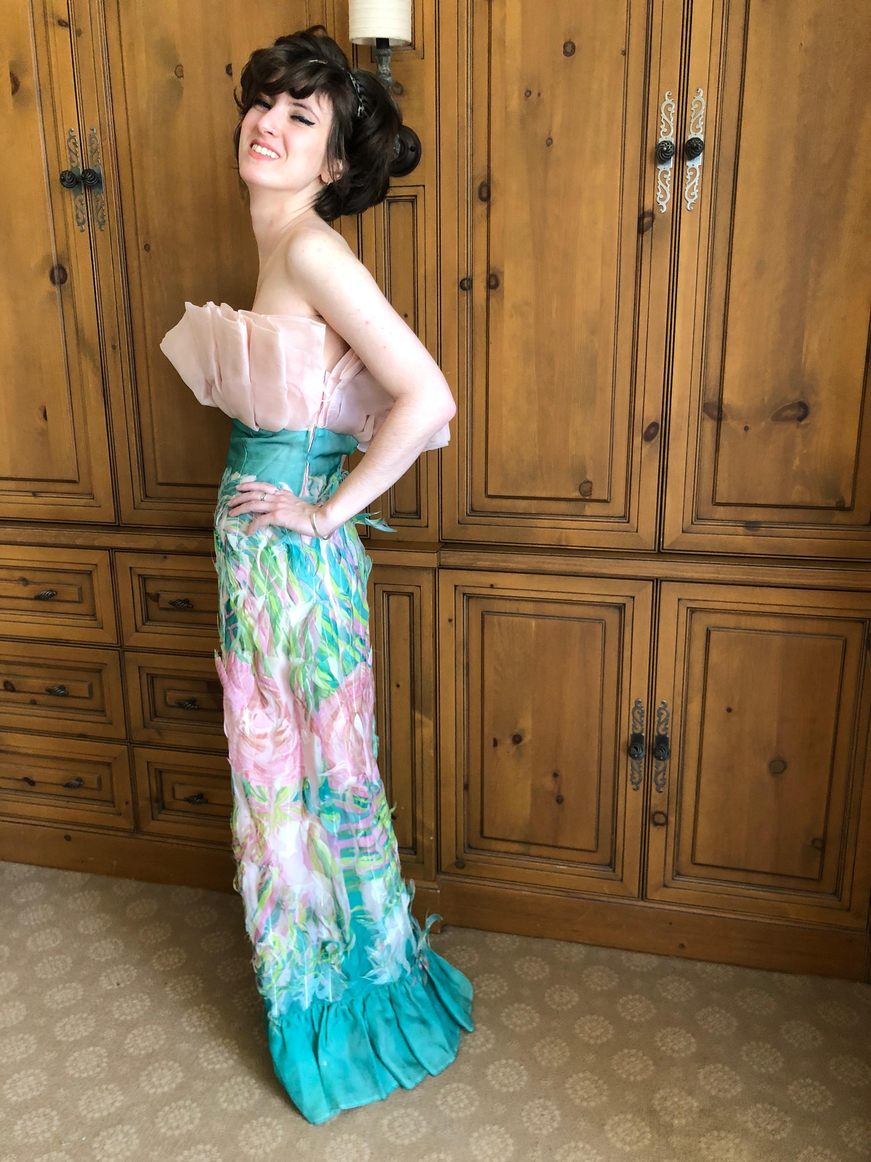 Cardinali Strapless Printed Feather Silk Evening Dress In Good Condition For Sale In Cloverdale, CA