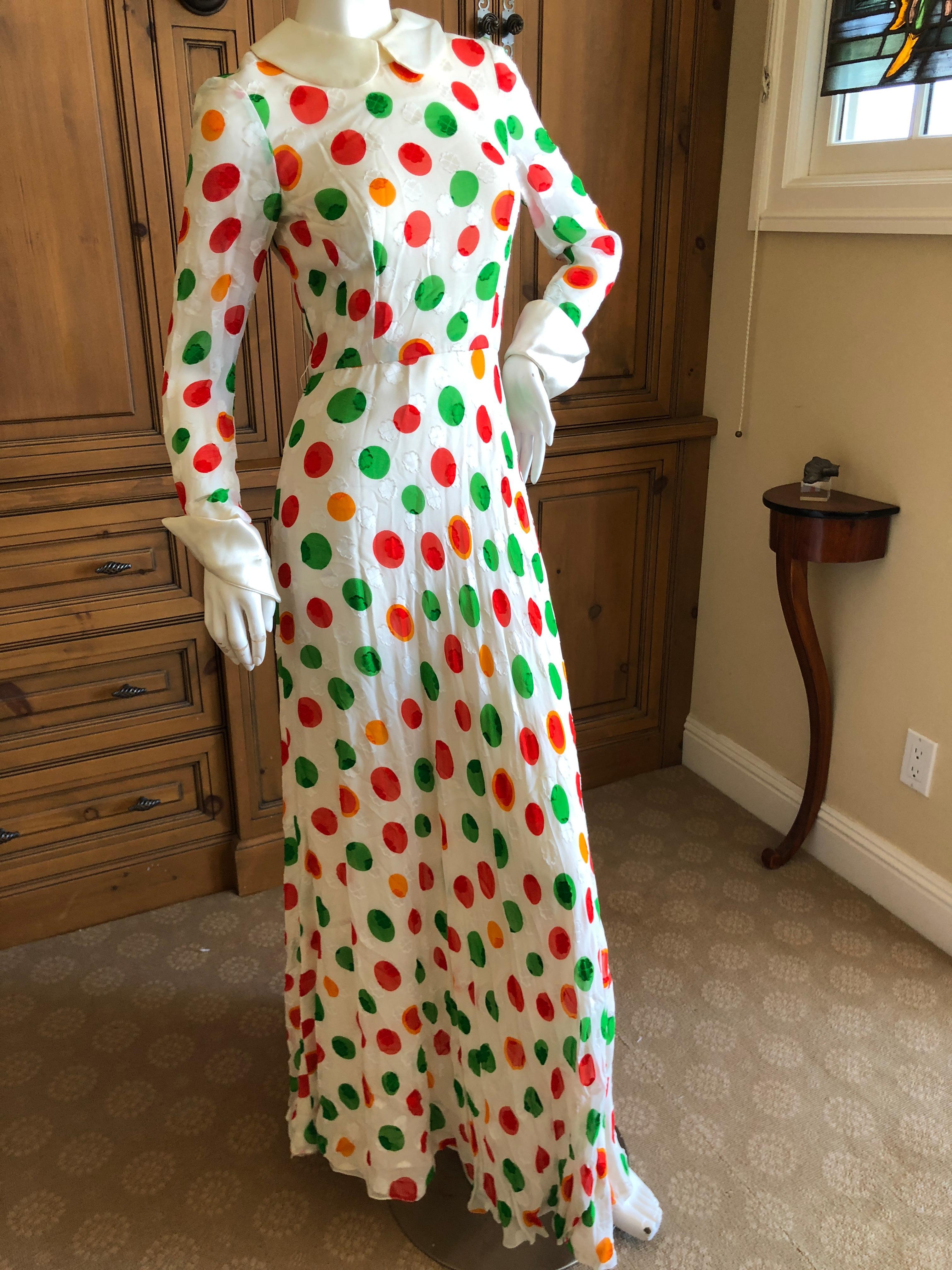 Cardinali 1970's Shamrock Pattern Polka Dot Silk Evening Dress.
The silk has shamrock's  , very suptle , all over.
There are three belt loops but no belt

From the Archive of Marilyn Lewis, the creator of Cardinali
Cardinali was founded in Los
