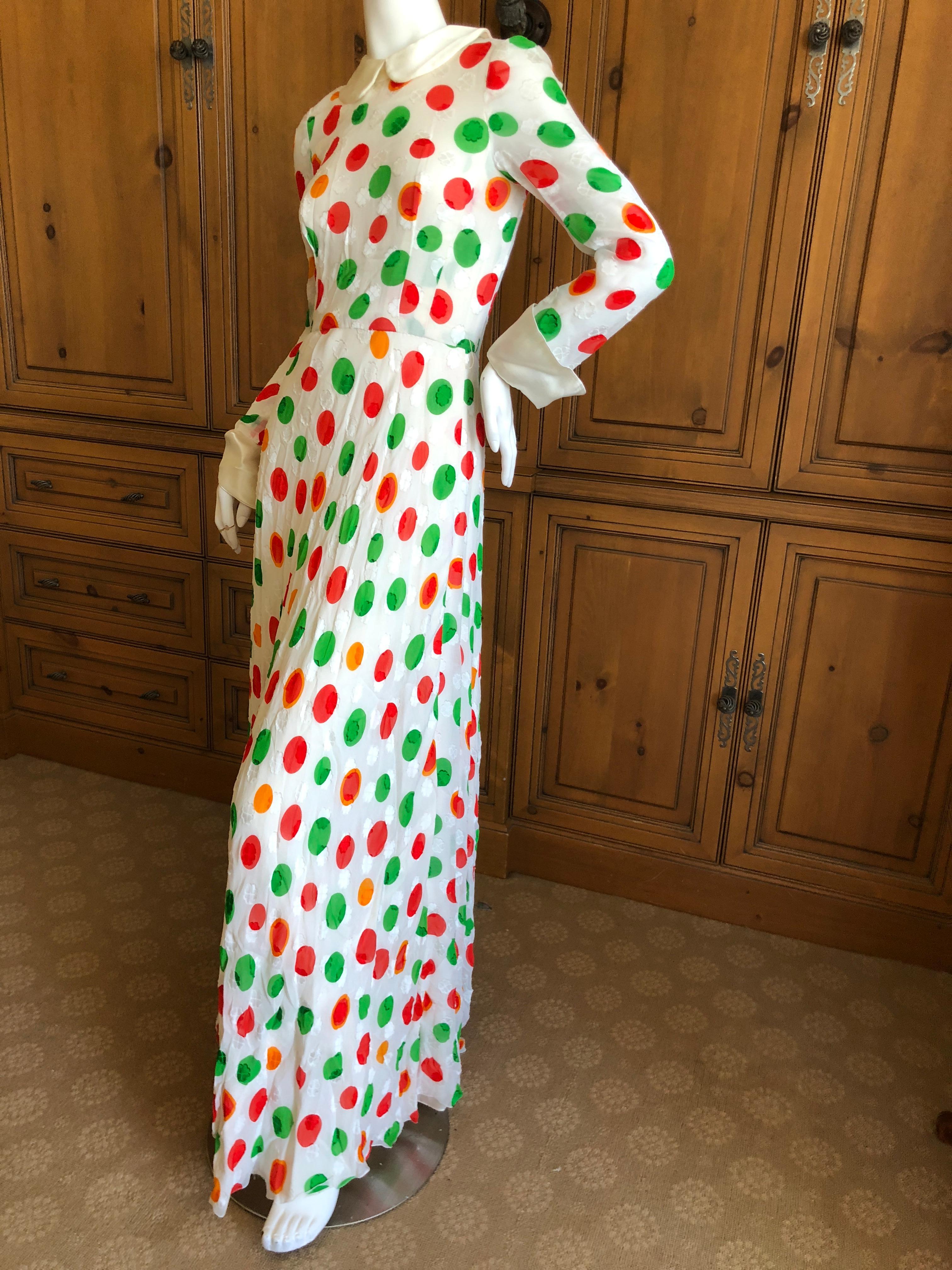 Cardinali Shamrock Pattern Polka Dot Silk Evening Dress, 1970s  In Good Condition For Sale In Cloverdale, CA