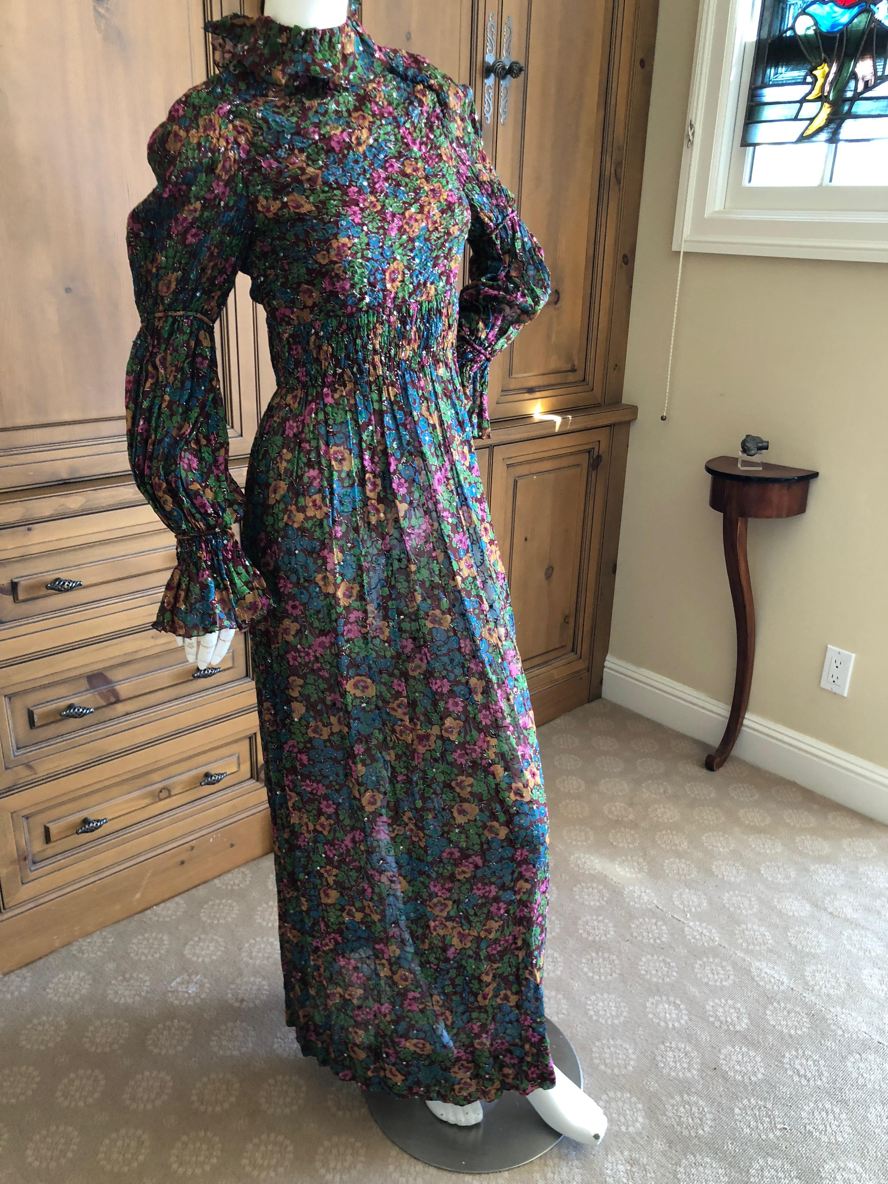 Cardinali Fall 1971 Ruffle Silk  Floral Evening Dress with Pin Tuck Details In Good Condition For Sale In Cloverdale, CA
