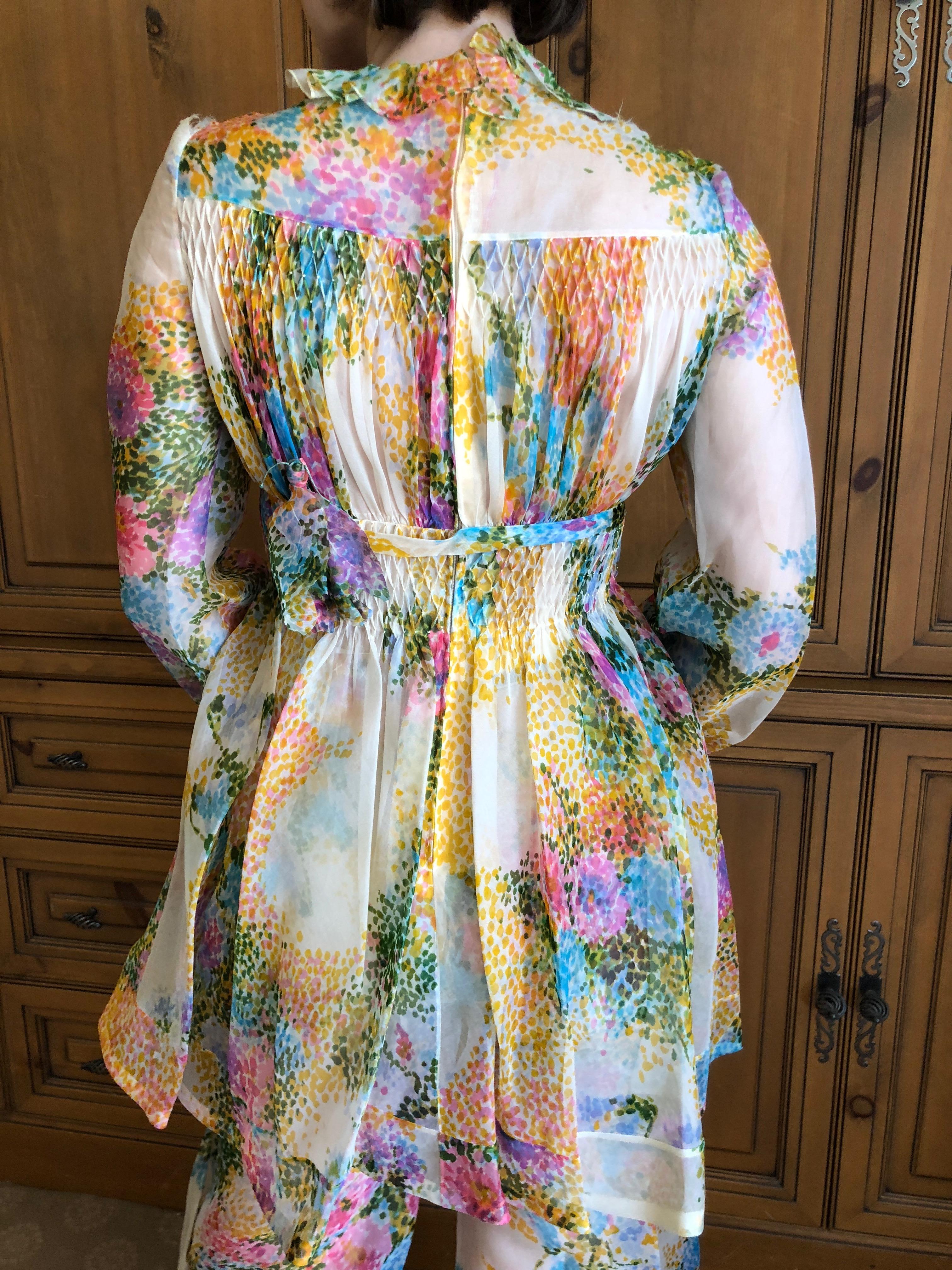 Cardinali 1970's Silk Floral Pintuck Tunic and Pant Set In Good Condition For Sale In Cloverdale, CA