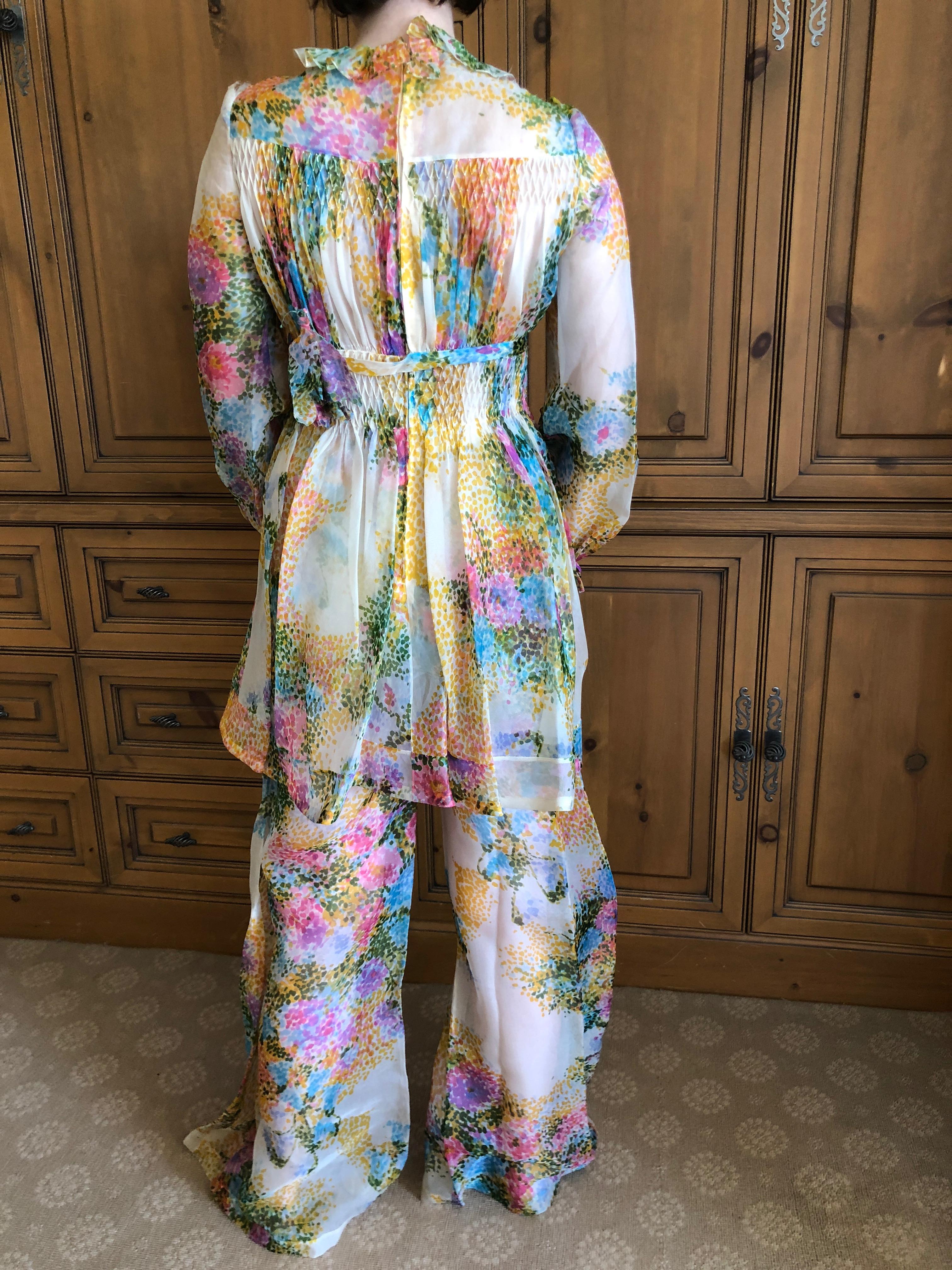 Women's Cardinali 1970's Silk Floral Pintuck Tunic and Pant Set For Sale