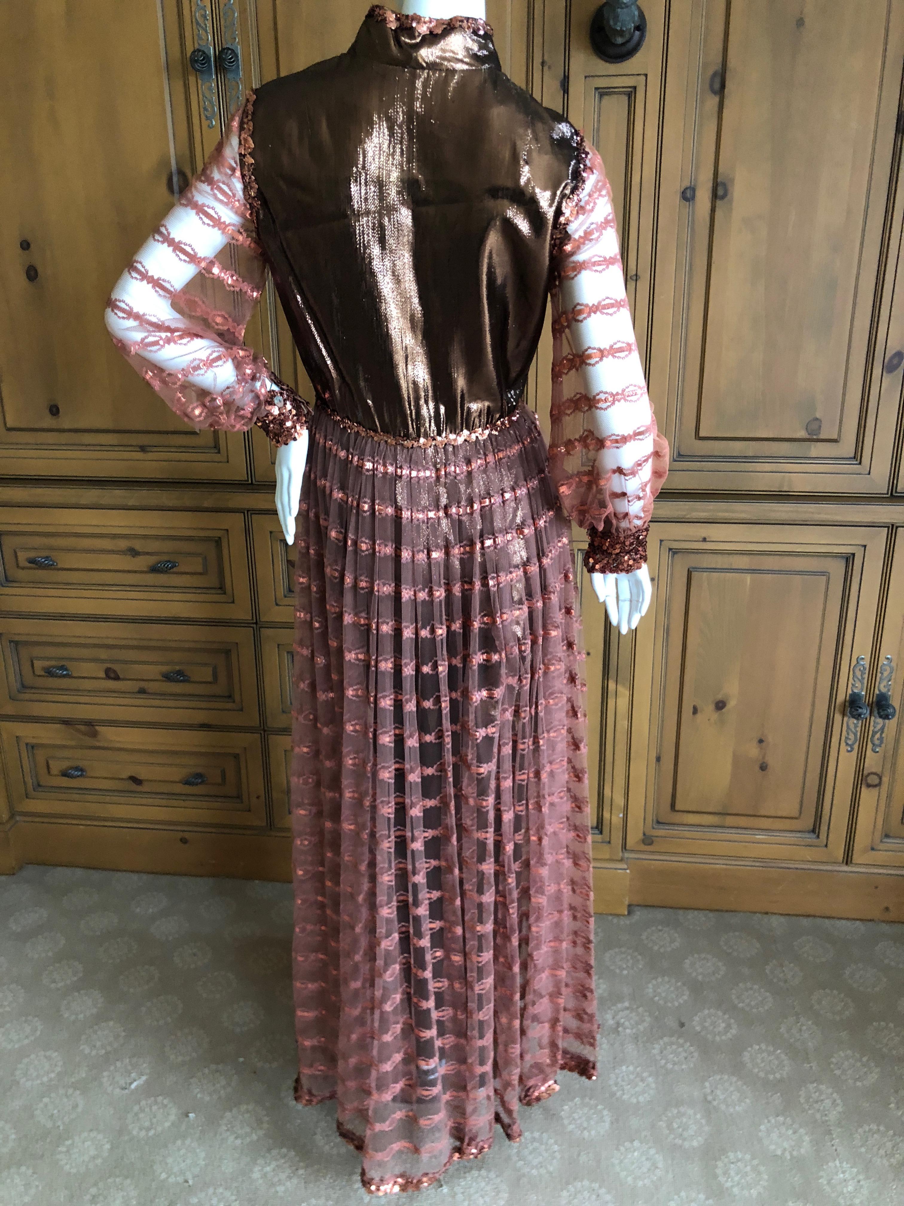 Oscar de la Renta Vintage 1970 Metallic Copper Sequin Evening Dress with Pants For Sale 7