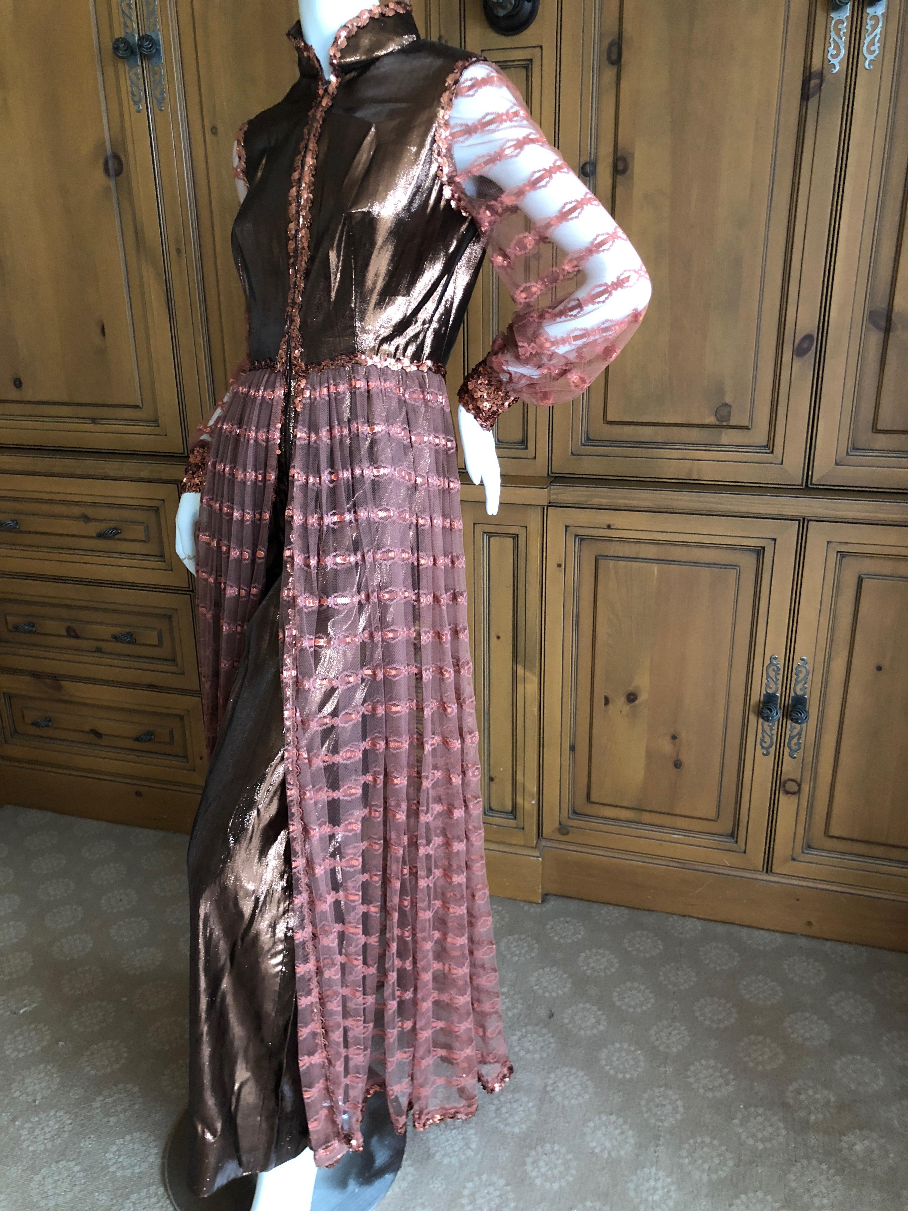 Oscar de la Renta Vintage 1970 Metallic Copper Sequin Evening Dress with Pants For Sale 11