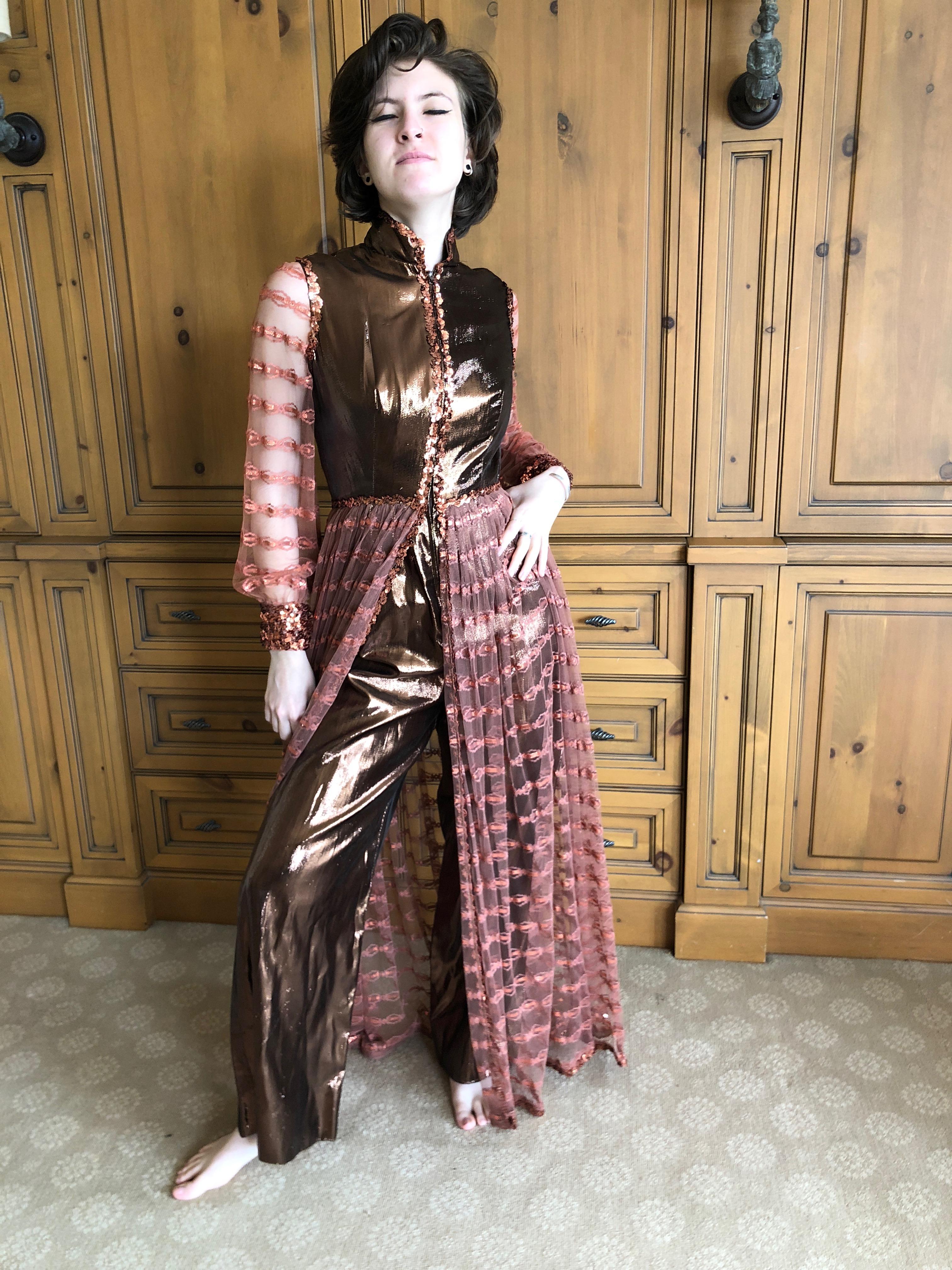 Oscar de la Renta Vintage 1970 Metallic Copper Sequin Evening Dress with Pants For Sale 1