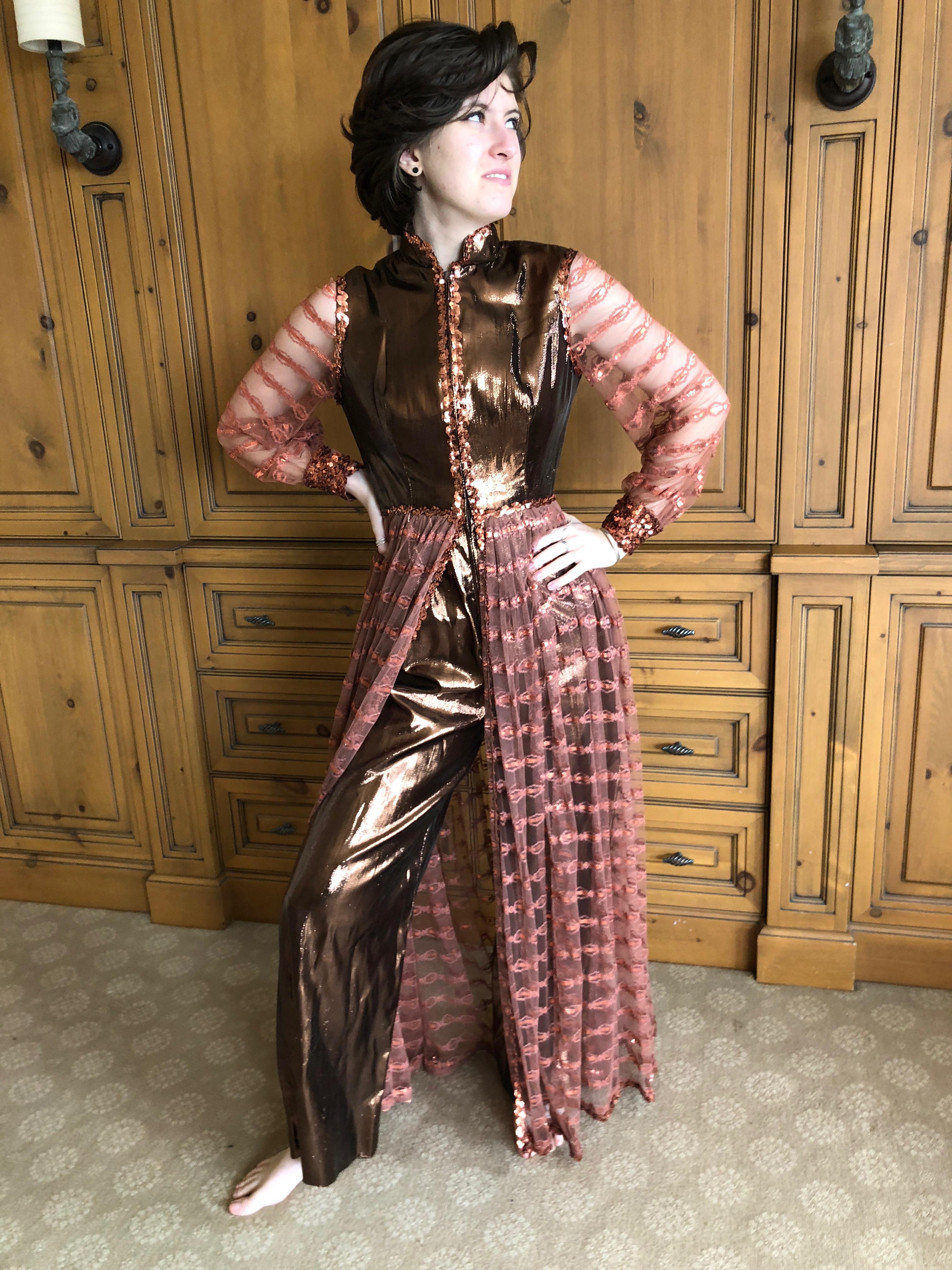 Oscar de la Renta Vintage 1970 Metallic Copper Sequin Evening Dress with Pants In Excellent Condition For Sale In Cloverdale, CA