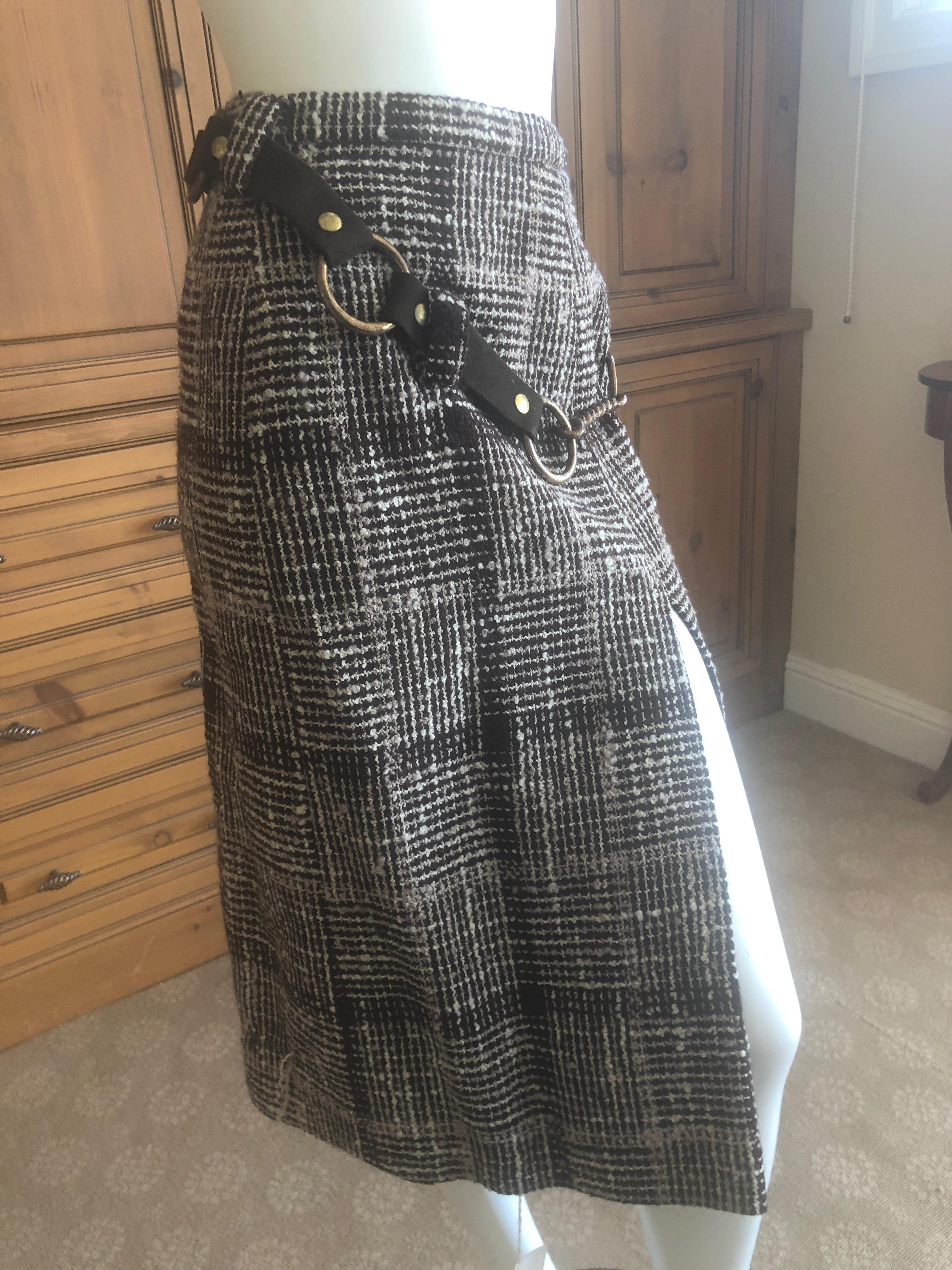 Cardinali Plaid Tweed Skirt with Bold Brass Hardware and Leather Belt Straps In Good Condition For Sale In Cloverdale, CA