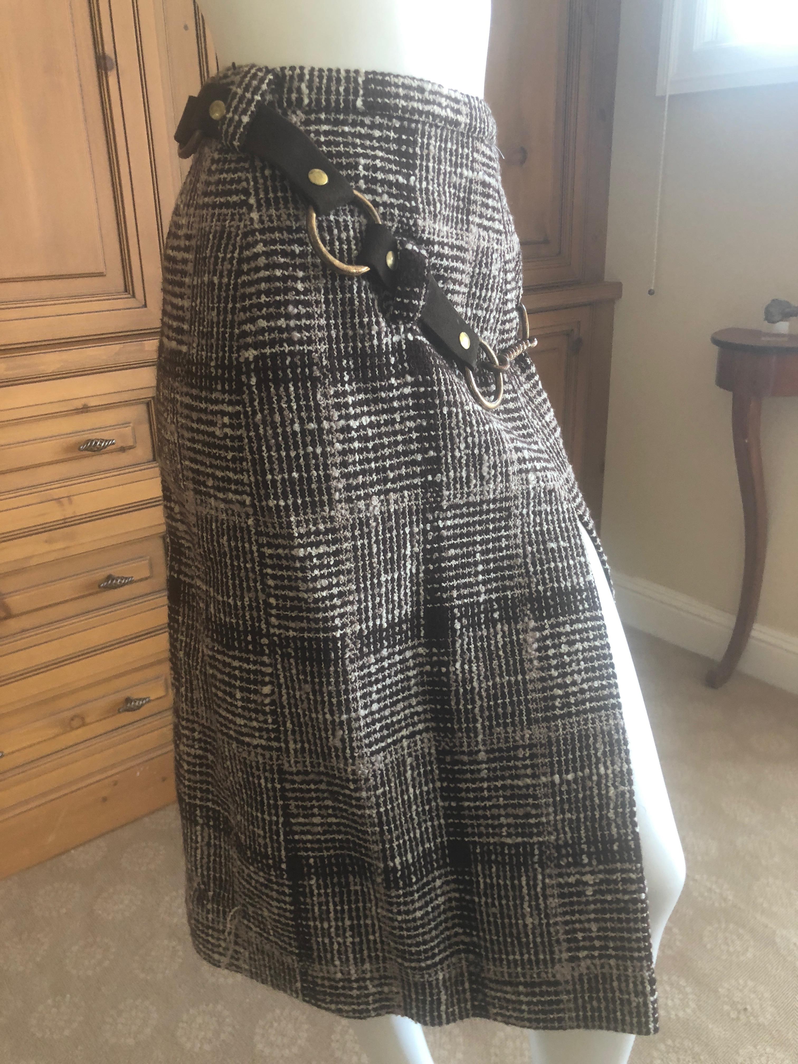 Women's Cardinali Plaid Tweed Skirt with Bold Brass Hardware and Leather Belt Straps For Sale