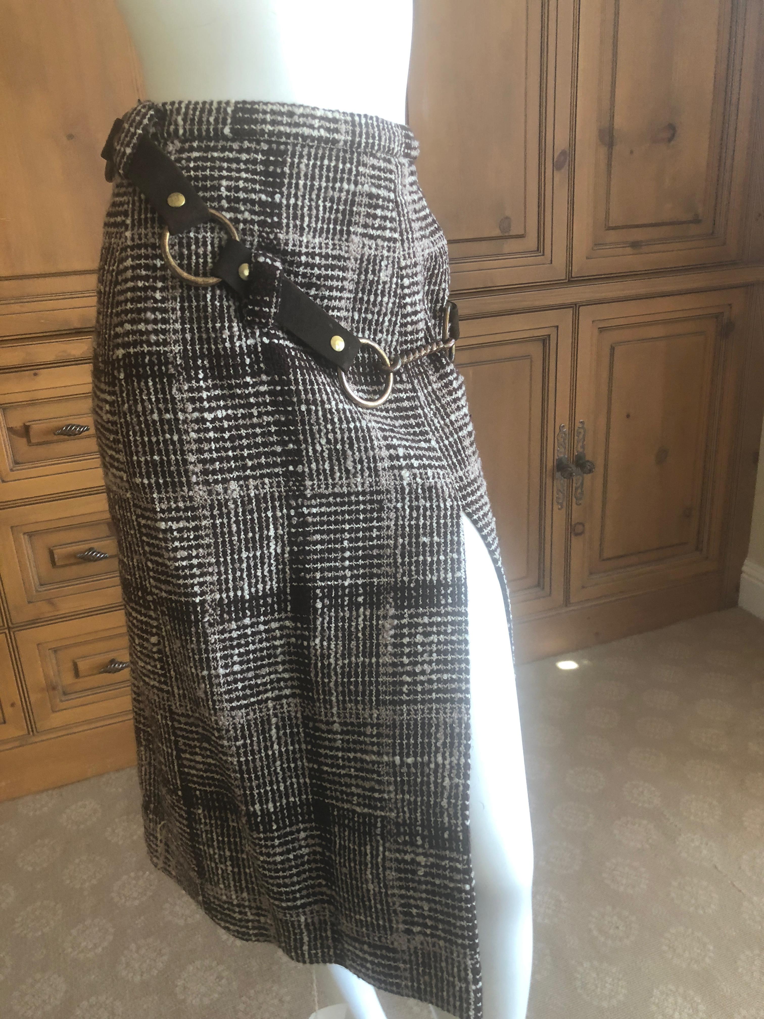Cardinali Plaid Tweed Skirt with Bold Brass Hardware and Leather Belt Straps For Sale 1