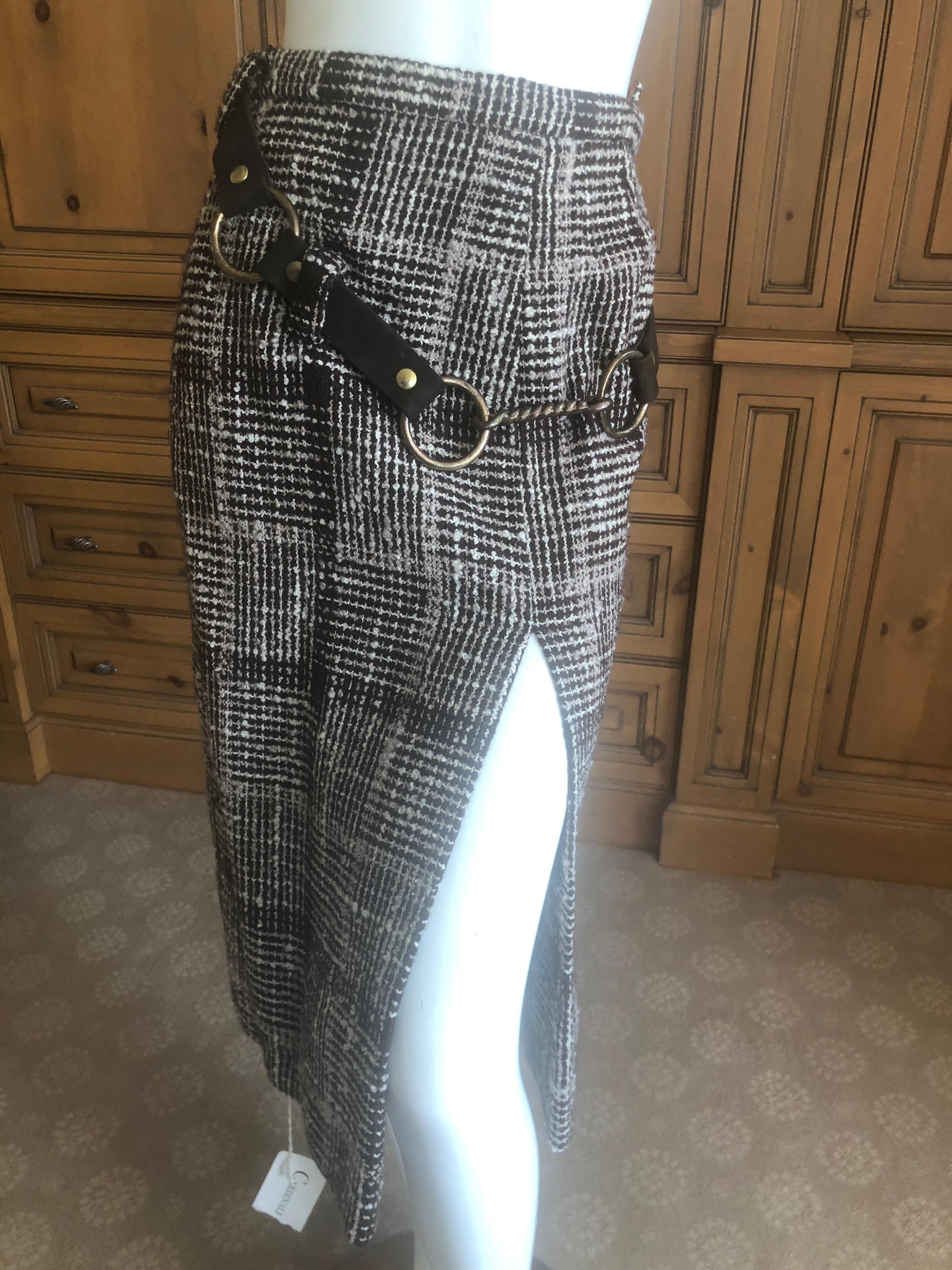 Cardinali Plaid Tweed Skirt with Bold Brass Hardware and Leather Belt Straps For Sale 2