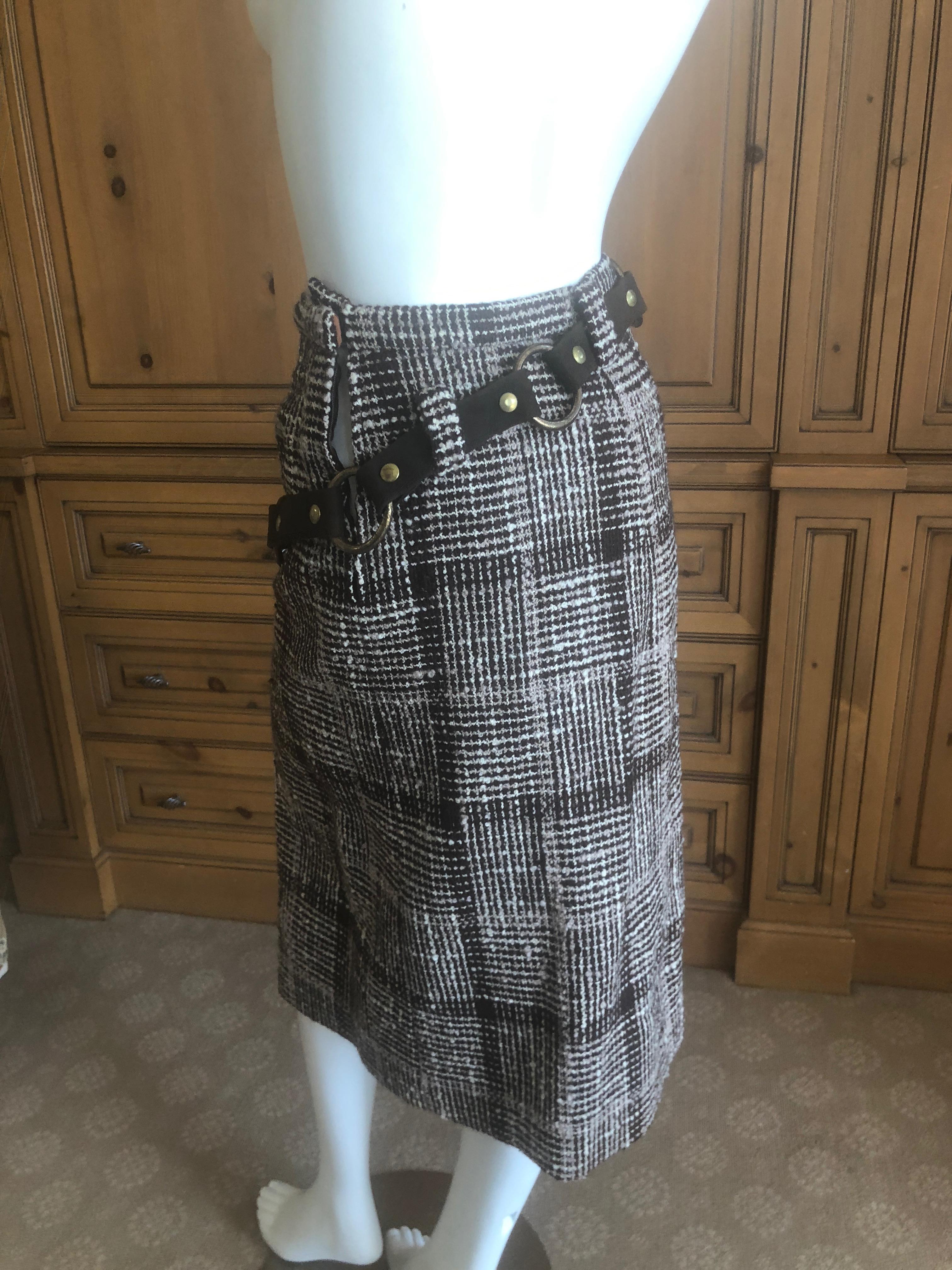 Cardinali Plaid Tweed Skirt with Bold Brass Hardware and Leather Belt Straps For Sale 3