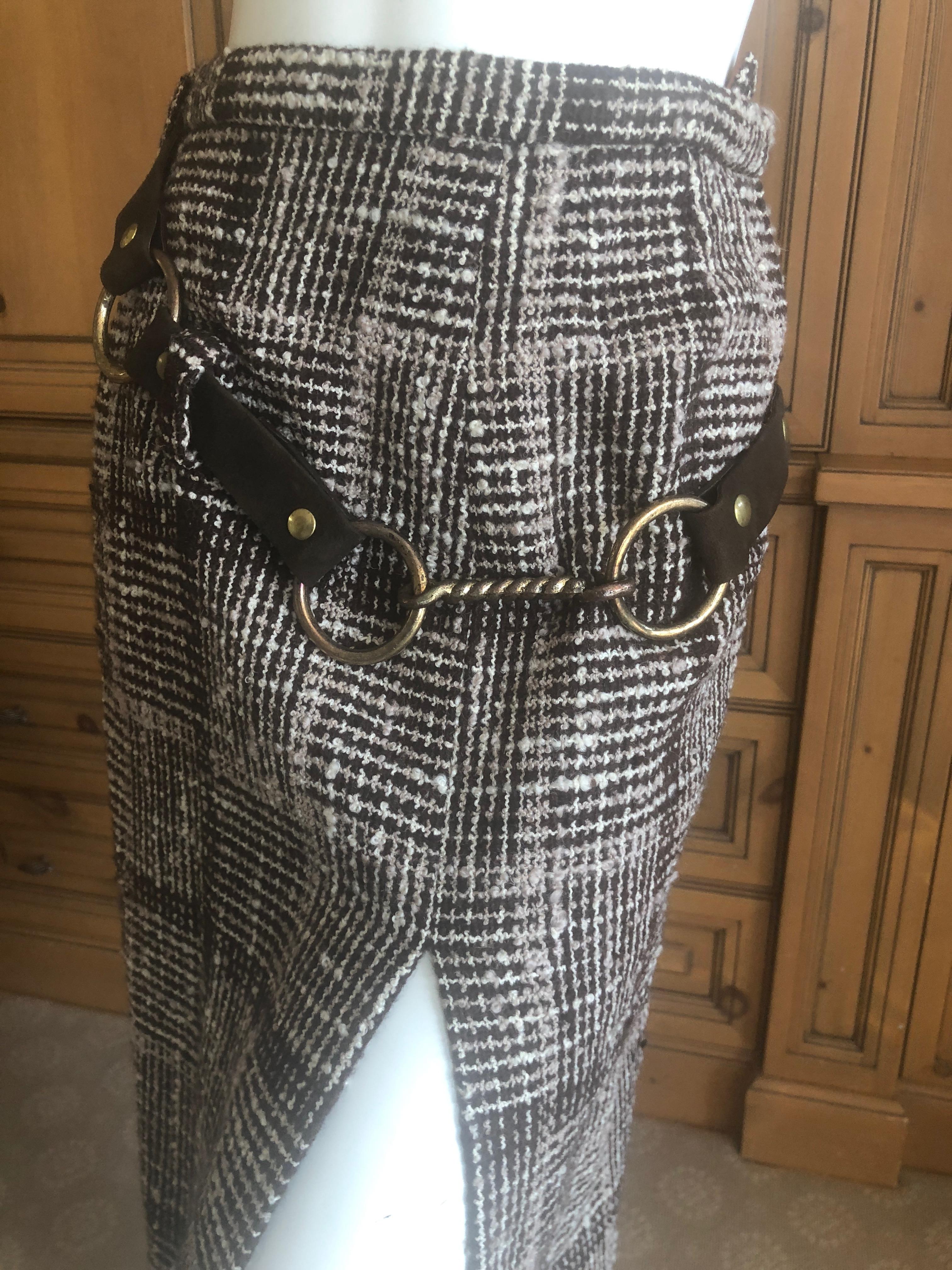 Cardinali Plaid Tweed Skirt with Bold Brass Hardware and Leather Belt Straps For Sale 4