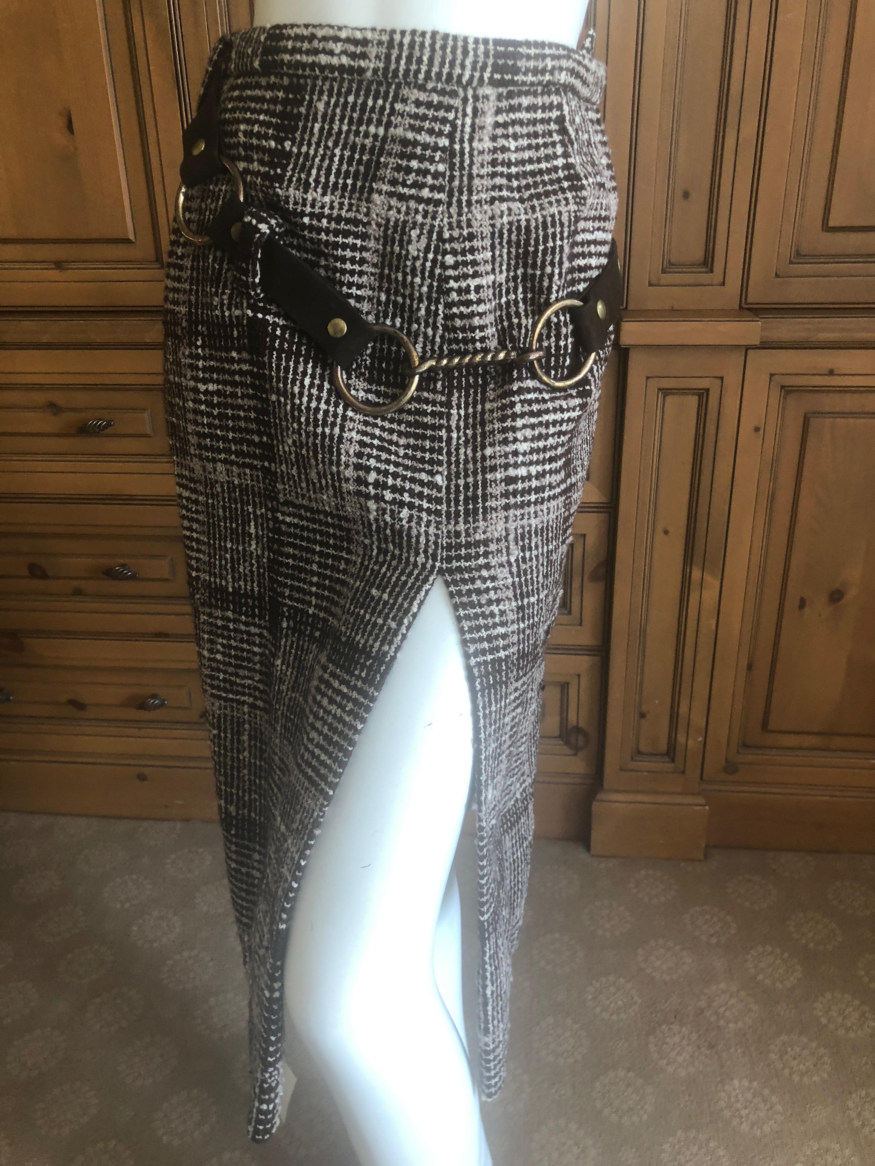 Cardinali Plaid Tweed Skirt with Bold Brass Hardware and Leather Belt Straps For Sale 5
