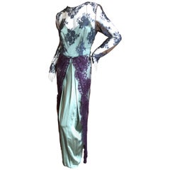 Bill Blass Vintage 1970's Silk Evening Dress with Lace Overlay Details