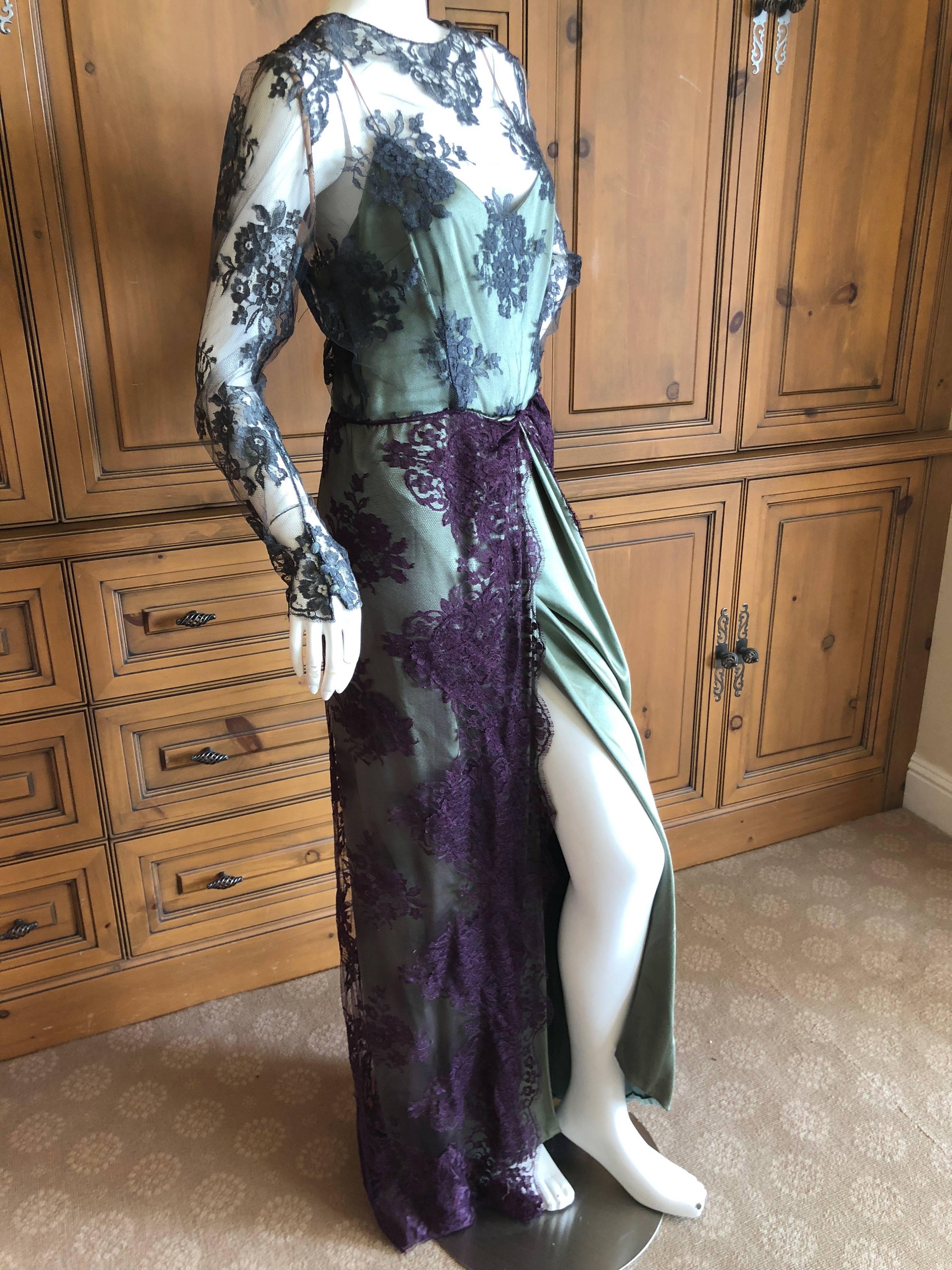 Bill Blass Vintage 1970's Silk Evening Dress with Lace Overlay Details In Excellent Condition For Sale In Cloverdale, CA