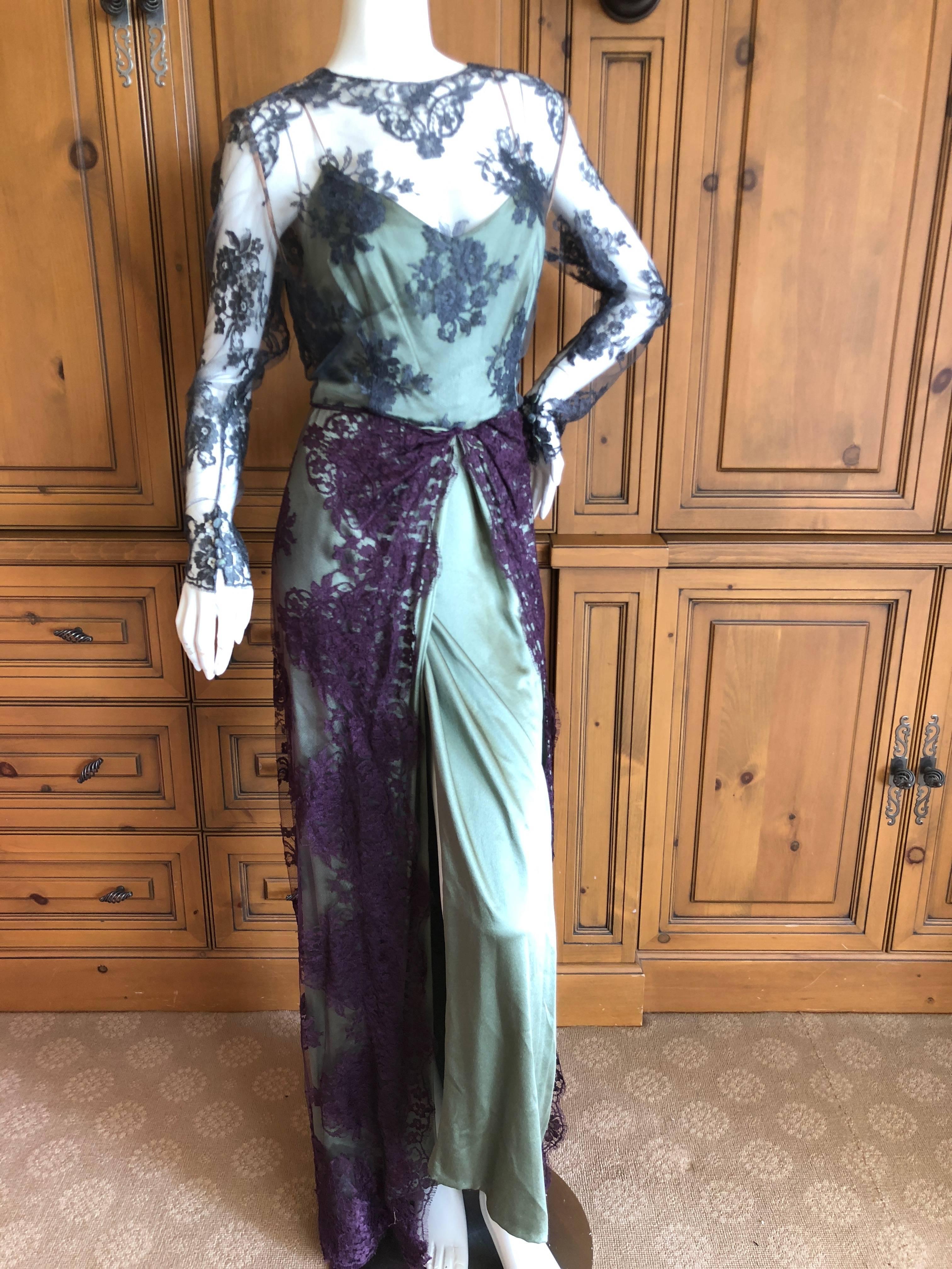 Women's Bill Blass Vintage 1970's Silk Evening Dress with Lace Overlay Details For Sale