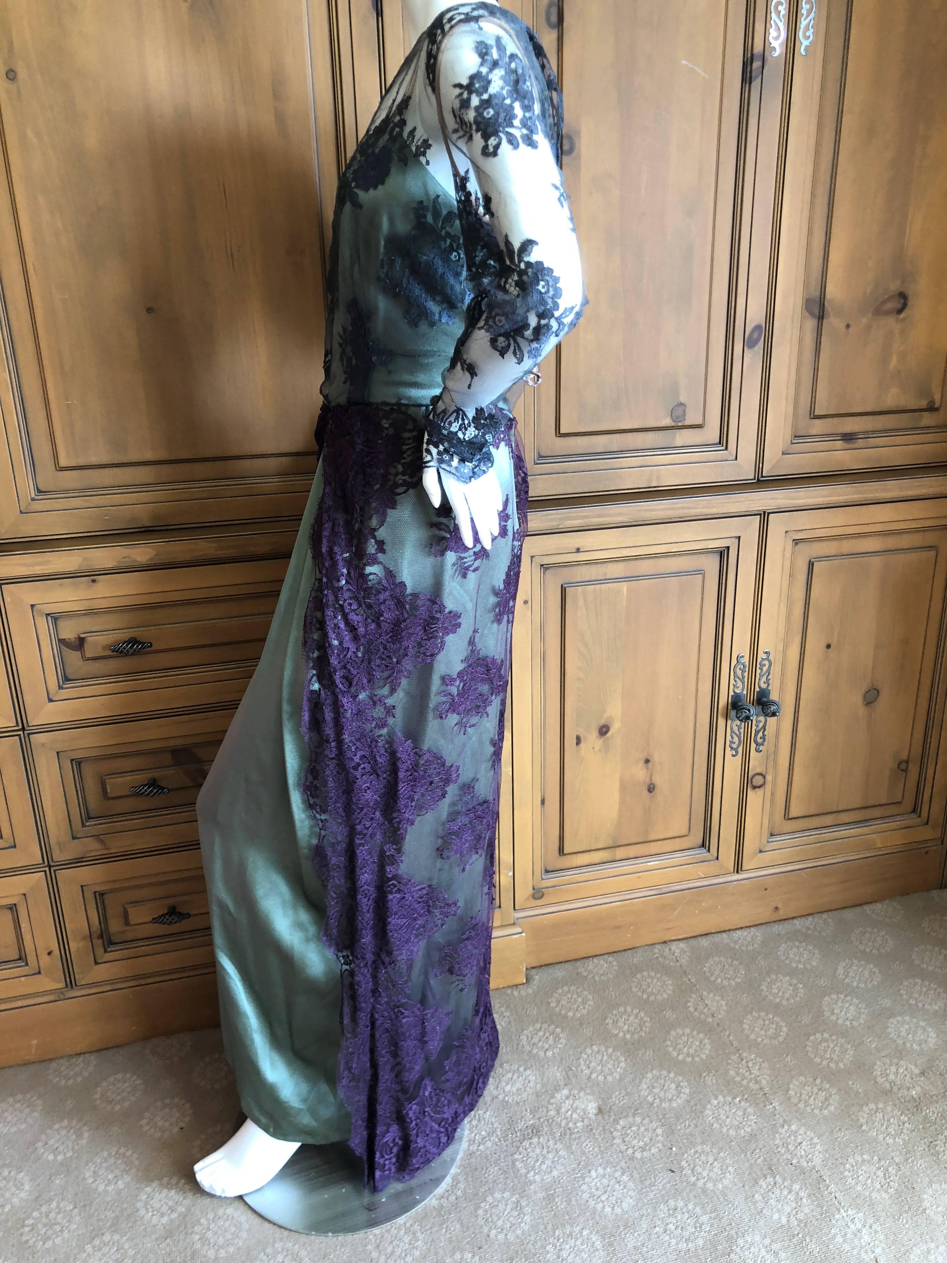Bill Blass Vintage 1970's Silk Evening Dress with Lace Overlay Details For Sale 6