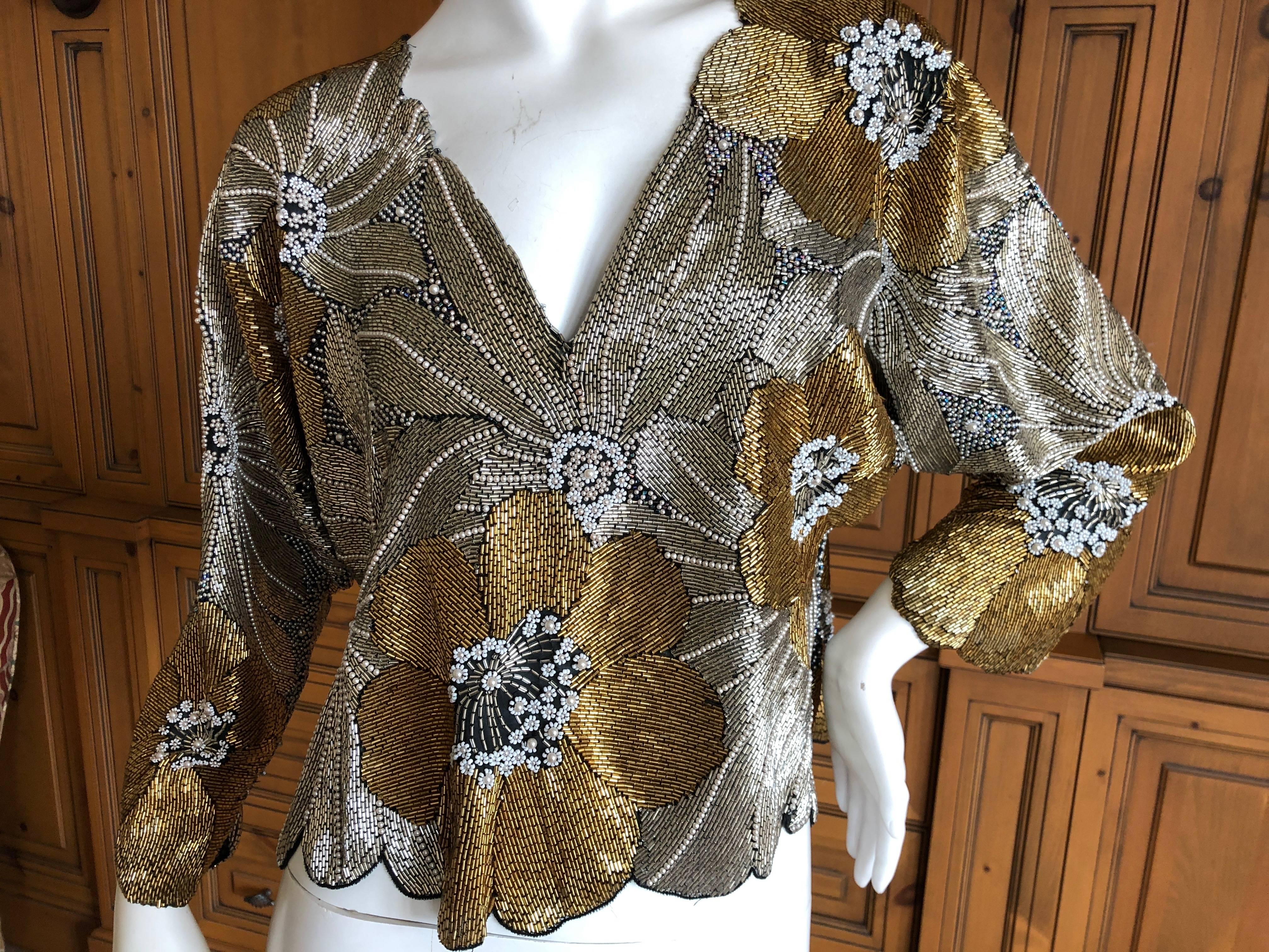 Halston Disco Era Gold Bugle Bead and Pearl Embellished Top, 1970s  3