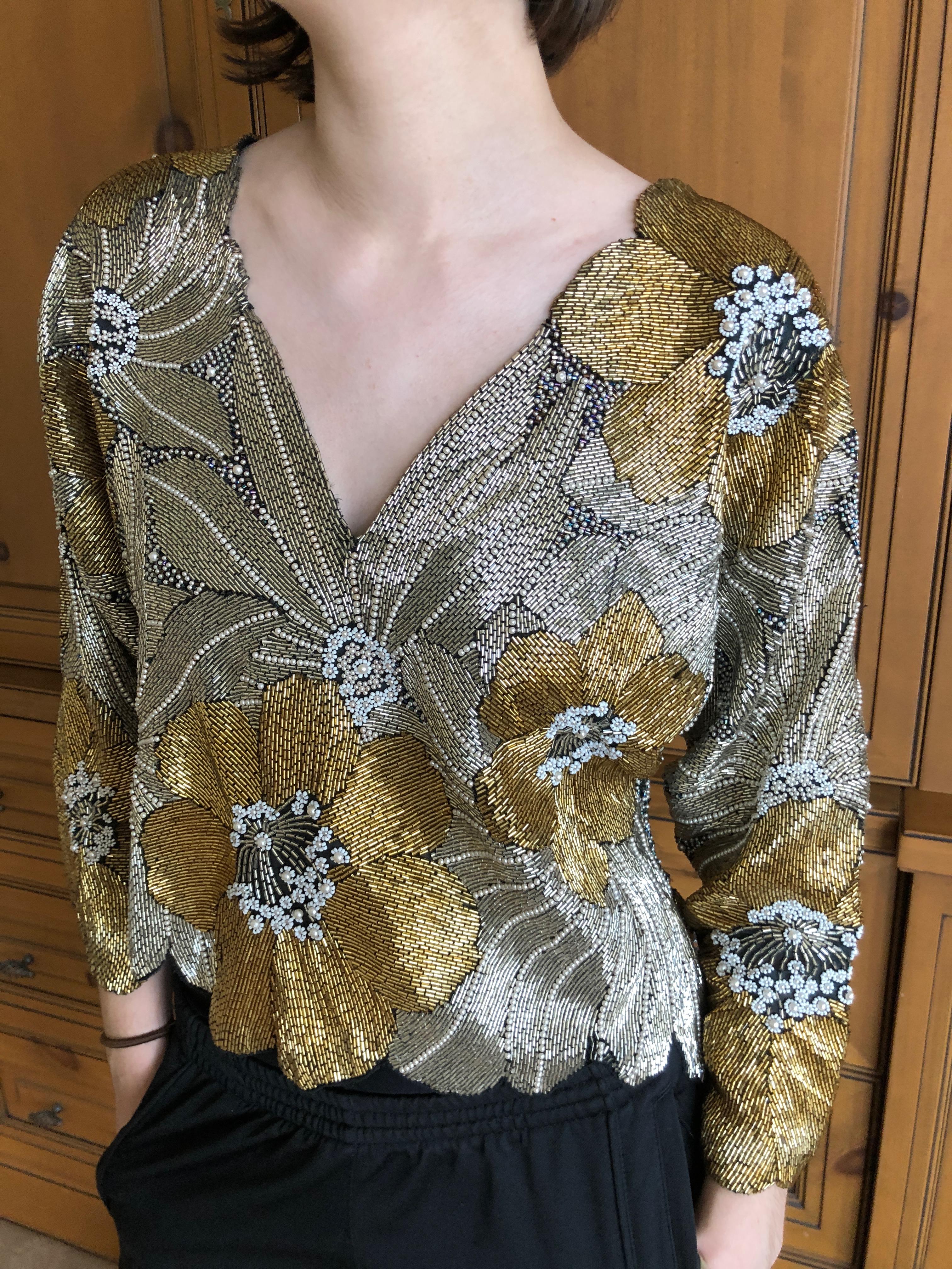 Halston Disco Era Gold Bugle Bead and Pearl Embellished Top, 1970s  In Good Condition In Cloverdale, CA