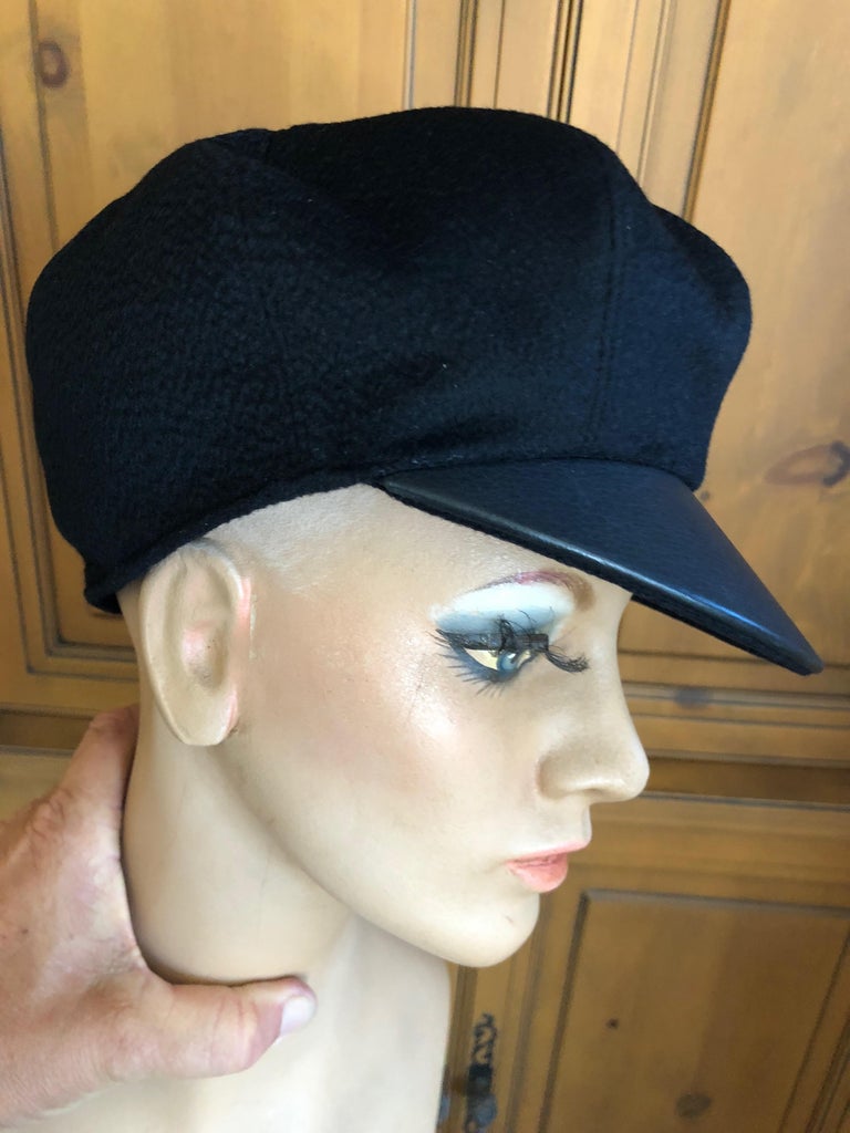Hermes Black Pure Cashmere Newsboy Hat with Leather Visor For Sale at