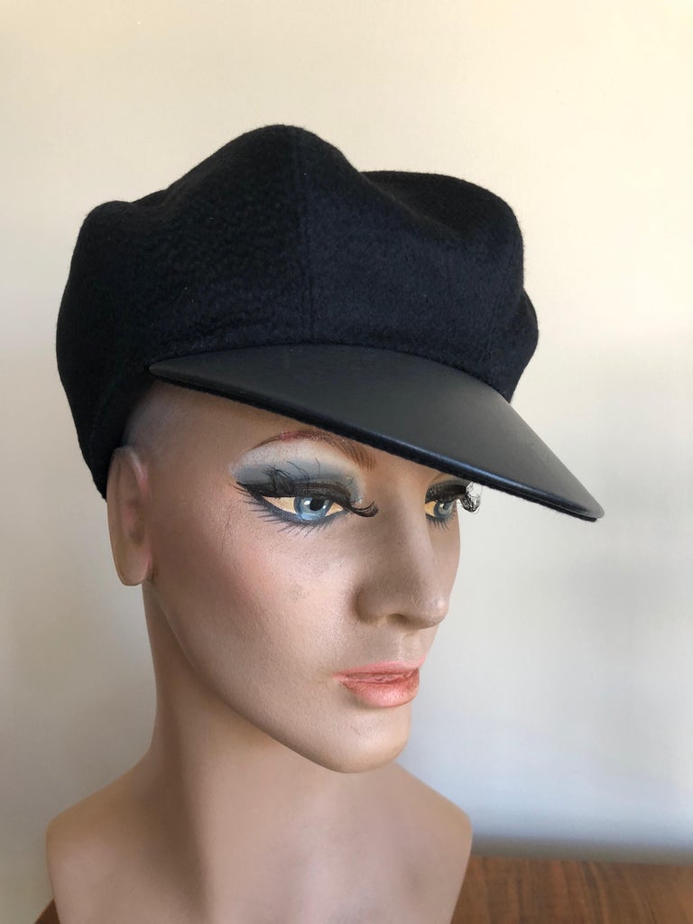 Hermes Black Pure Cashmere Newsboy Hat with Leather Visor For Sale at