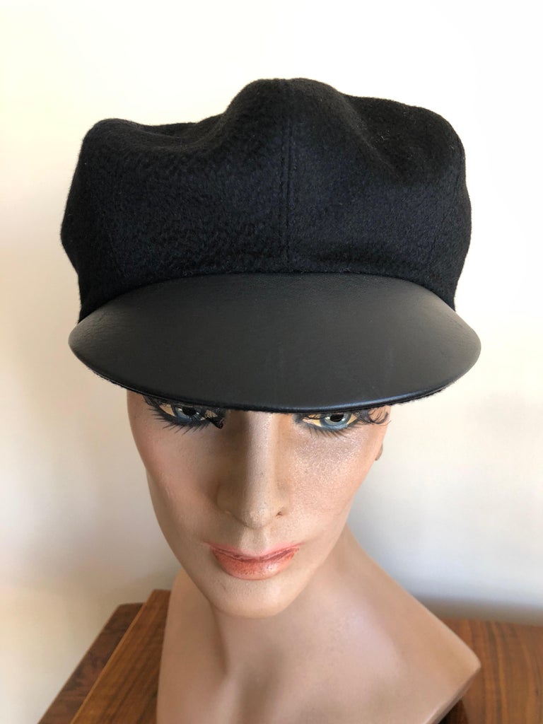 Hermes Black Pure Cashmere Newsboy Hat with Leather Visor For Sale at ...