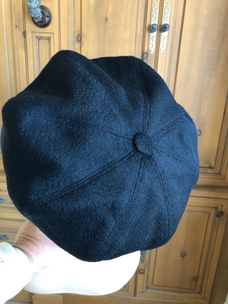 Hermes Black Pure Cashmere Newsboy Hat with Leather Visor For Sale at