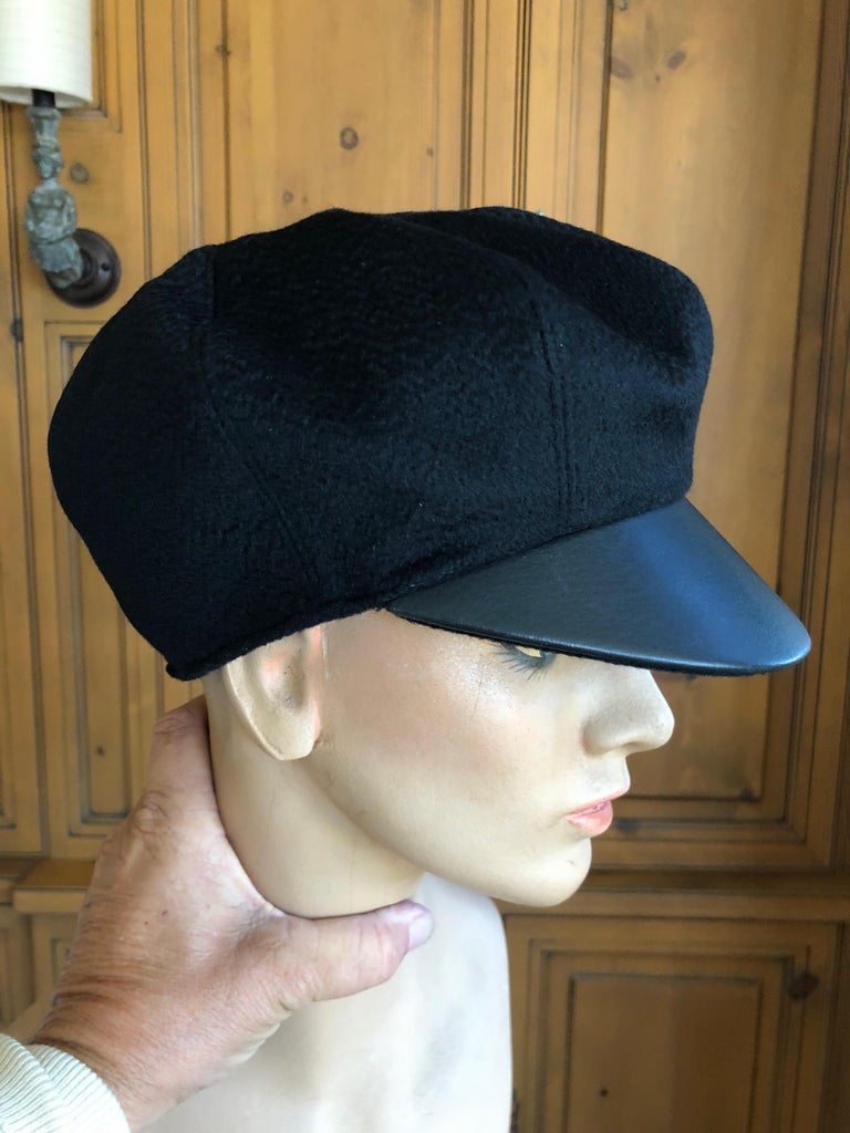 Hermes Black Pure Cashmere Newsboy Hat with Leather Visor For Sale at