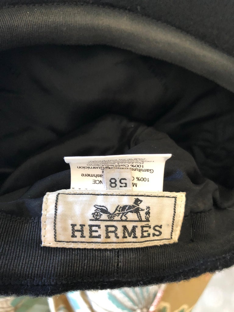 Hermes Black Pure Cashmere Newsboy Hat with Leather Visor For Sale at