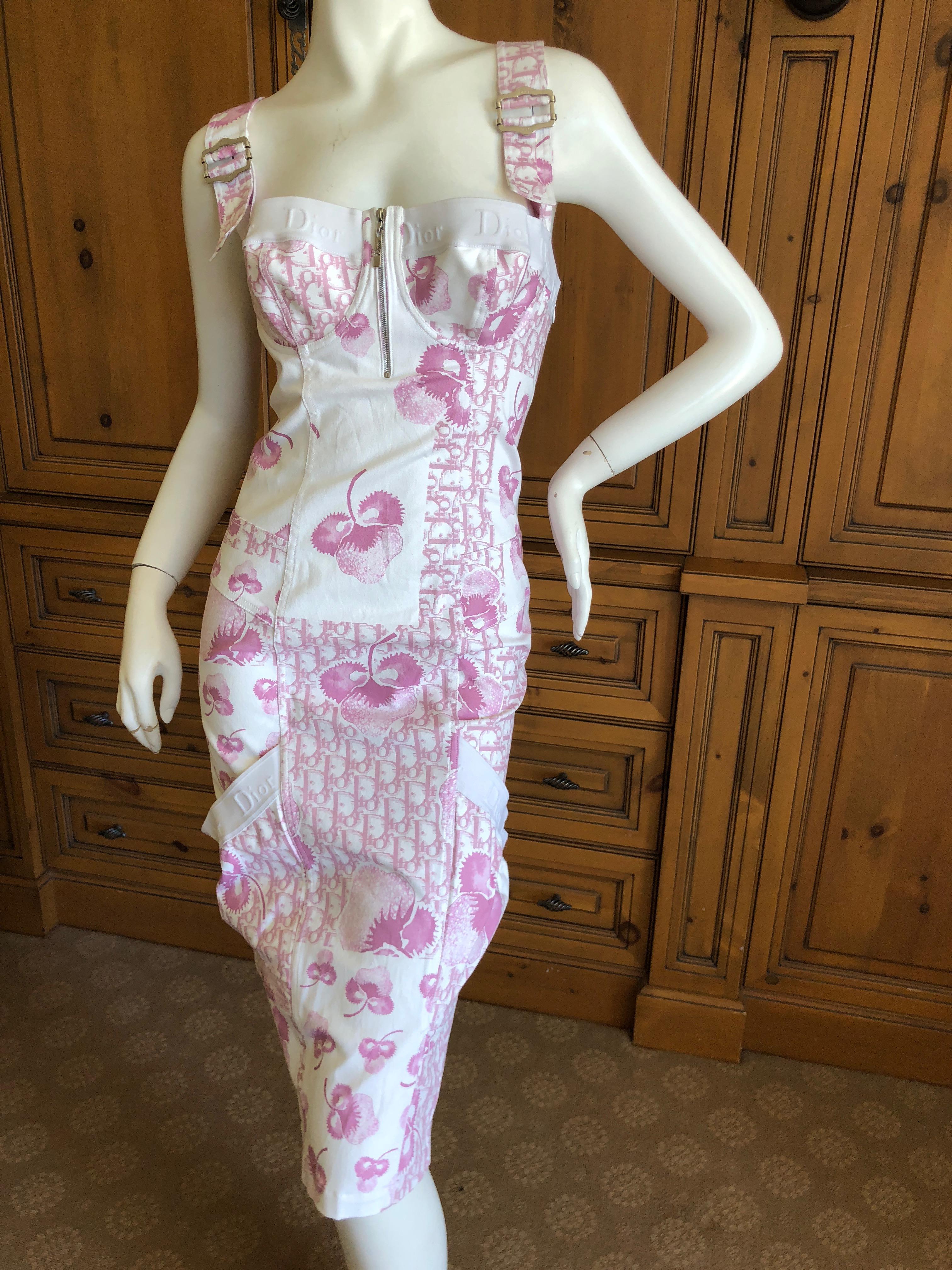 Christian Dior by John Galliano Pink and White Cherry Blossom Logo Dress In Excellent Condition For Sale In Cloverdale, CA