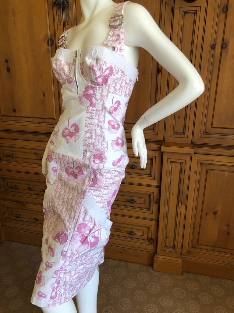 Christian Dior by John Galliano Pink and White Cherry Blossom Logo Dress Christian Dior by John Galliano Pink and White Cherry Blossom Logo Dress