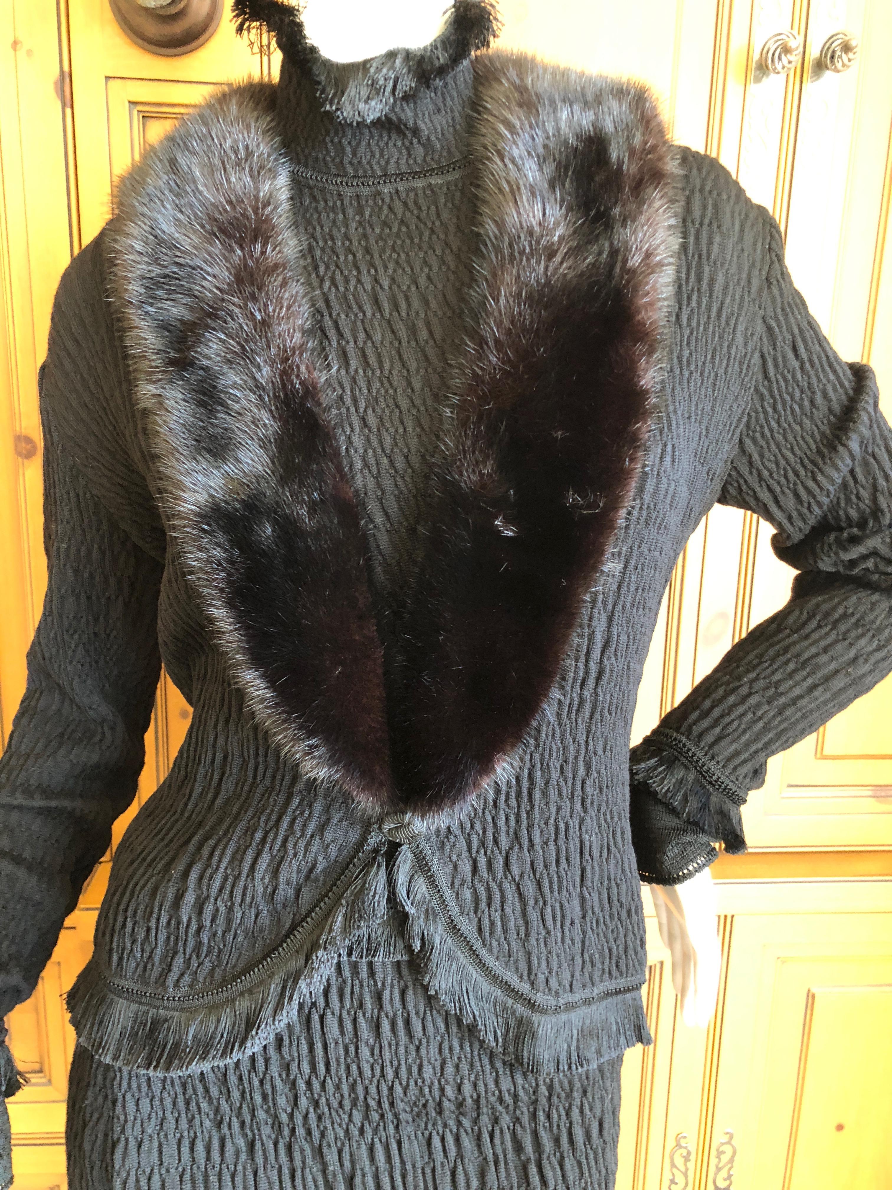 John Galliano Black Fringed Dress with Matching Wide Mink Collar Sweater, 1990s  For Sale 1