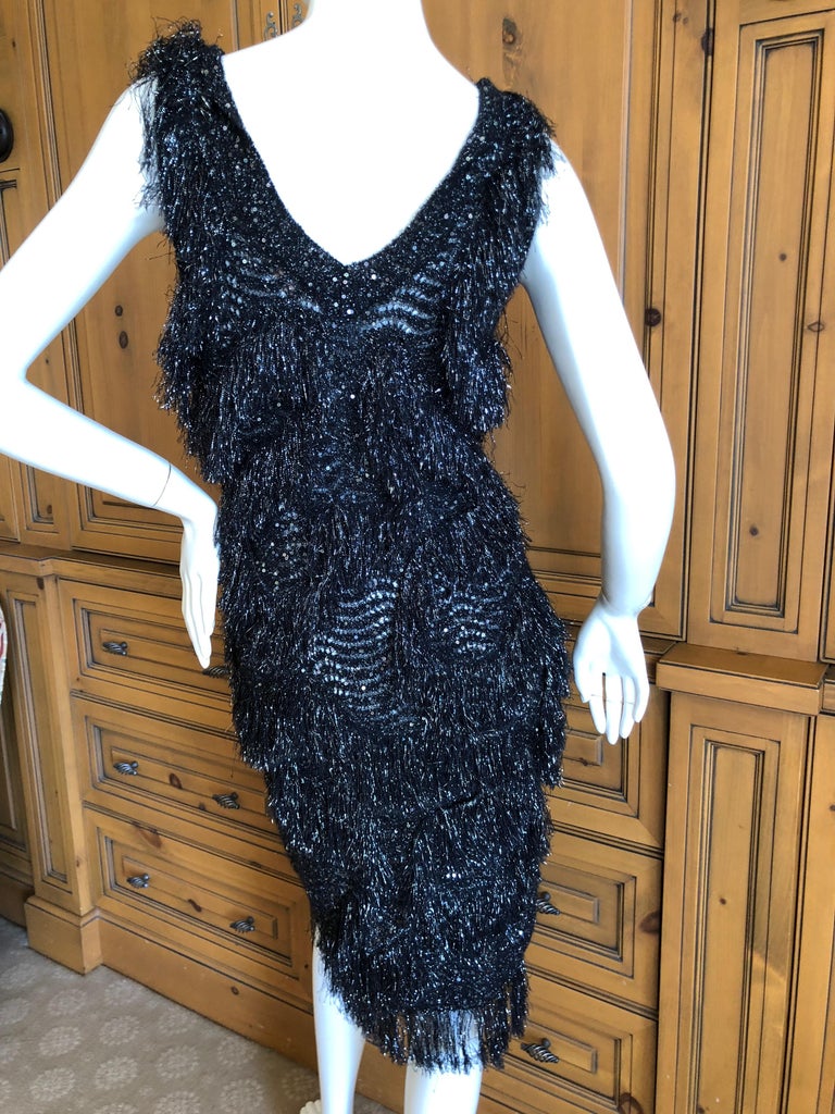 John Galliano Vintage Silver and Black Fringed Tinsel Cocktail Dress