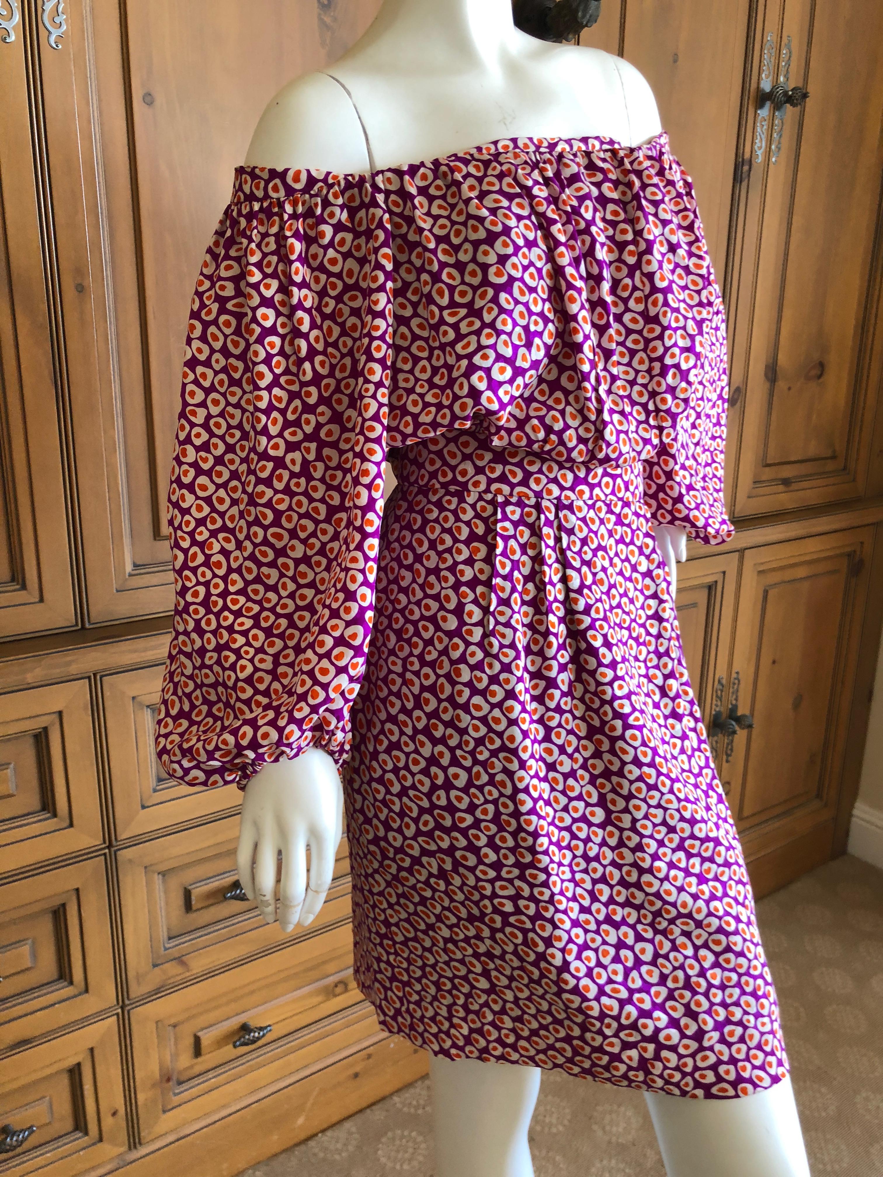 Yves Saint Laurent Rive Gauche 1970's Silk Off the Shoulder Poet Sleeve Dress  In Excellent Condition For Sale In Cloverdale, CA