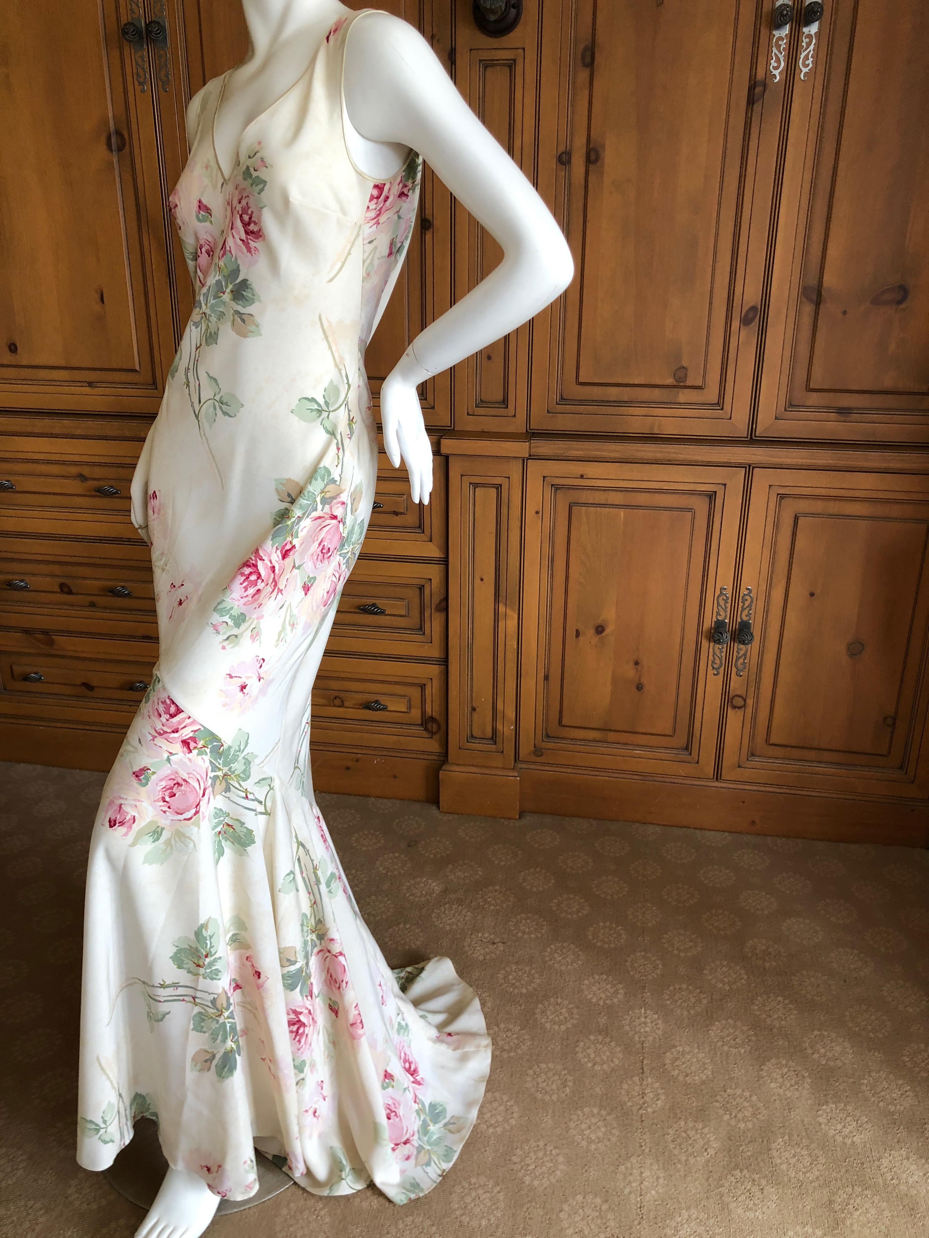 John Galliano Bias Cut Floral Dress with Draped Back and Train, 1990s  For Sale 5