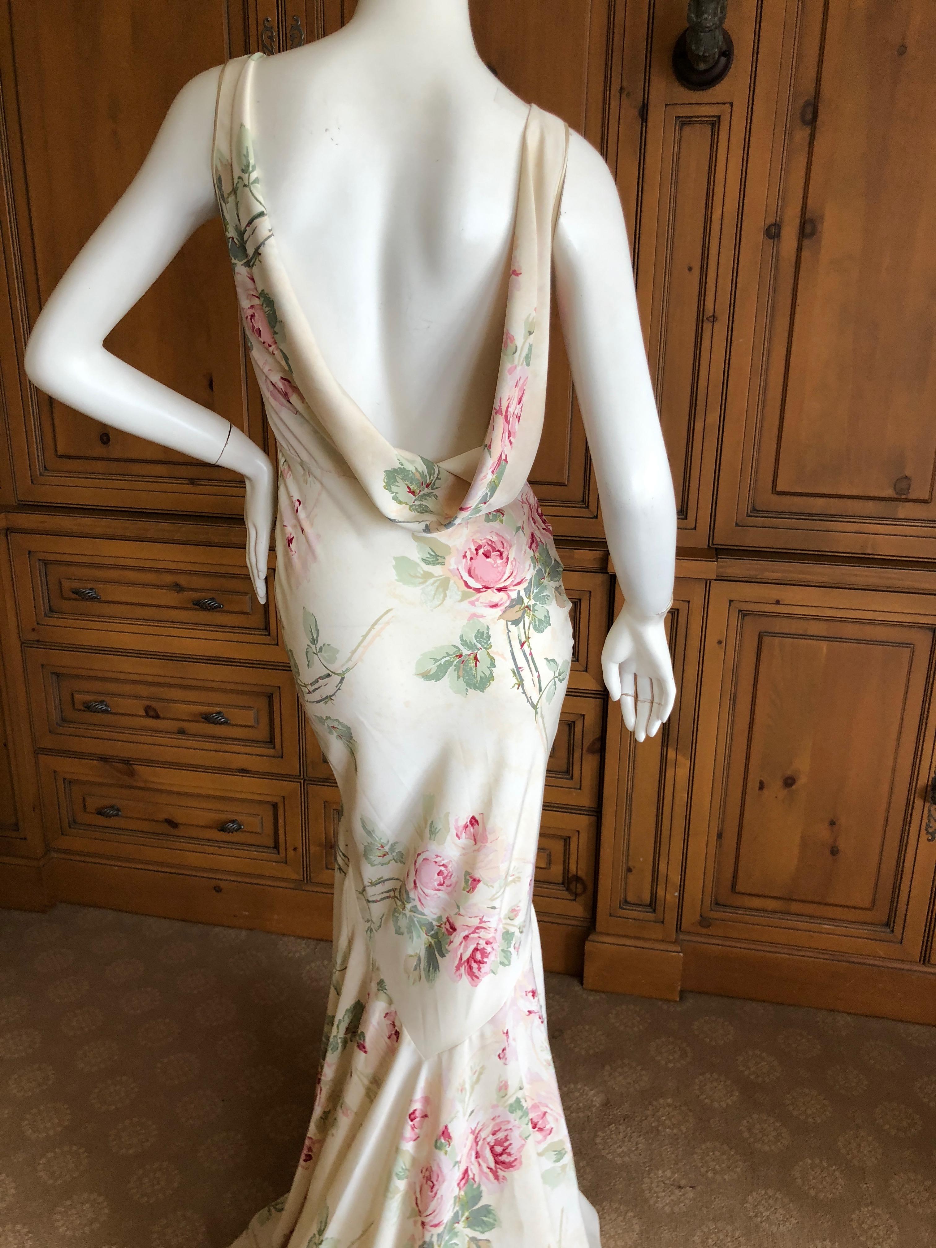 John Galliano Bias Cut Floral Dress with Draped Back and Train, 1990s  For Sale 8